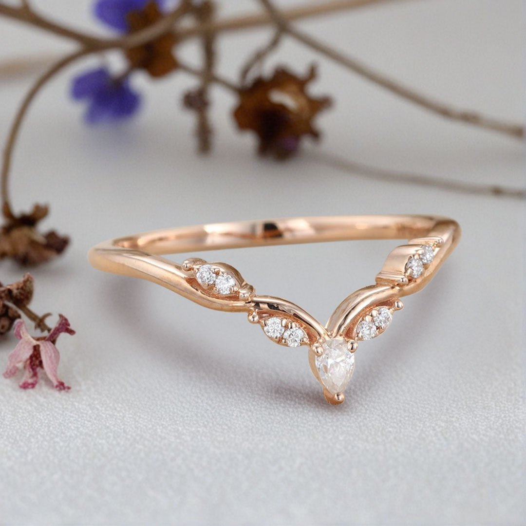 Unique Pear Moissanite Wedding Band Leaf Moissanite Engagement Ring - Oore Jewelry