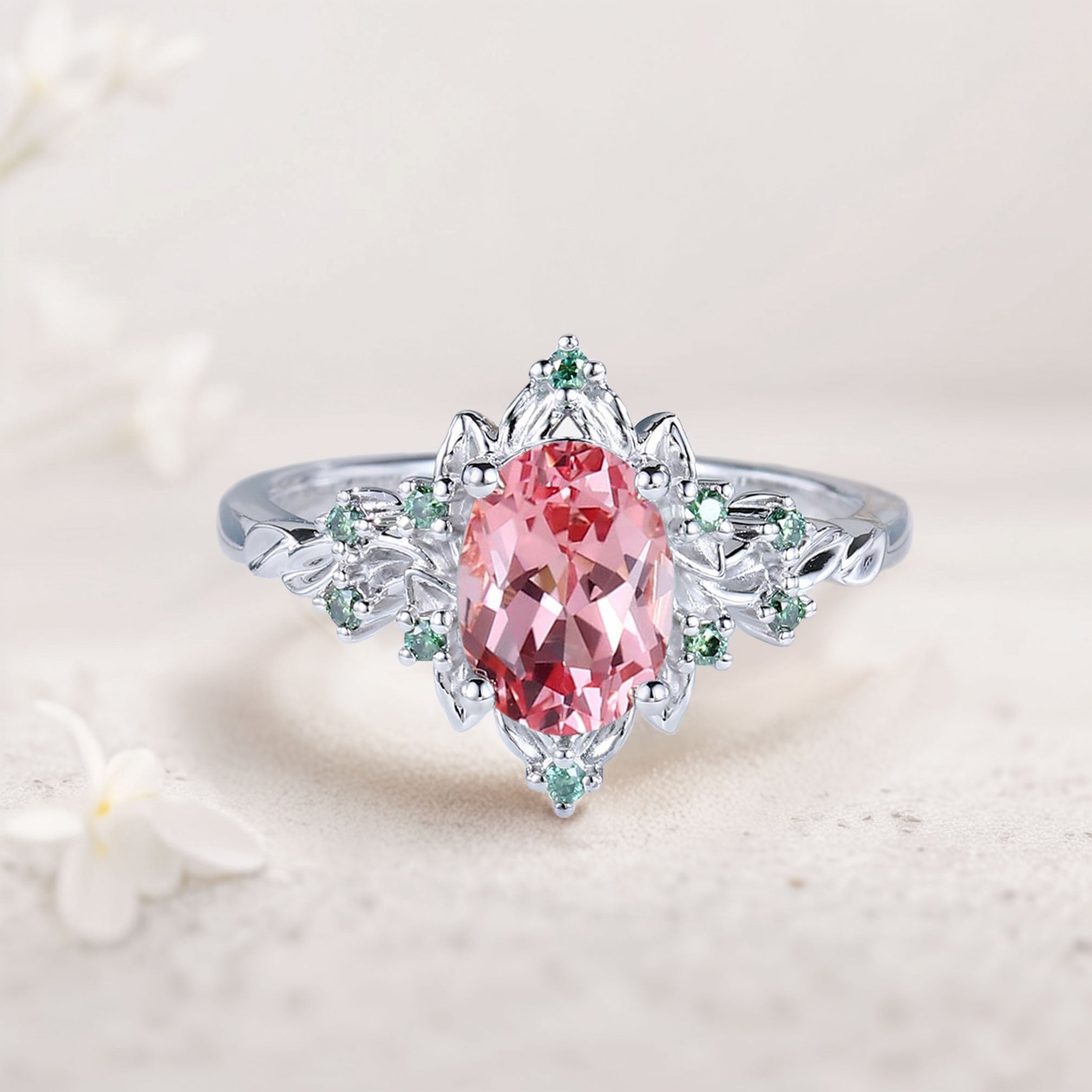 Vintage Briar Rose Oval Pink Lab Padparadscha Engagement Ring Olive Leaves Ring - Oore Jewelry