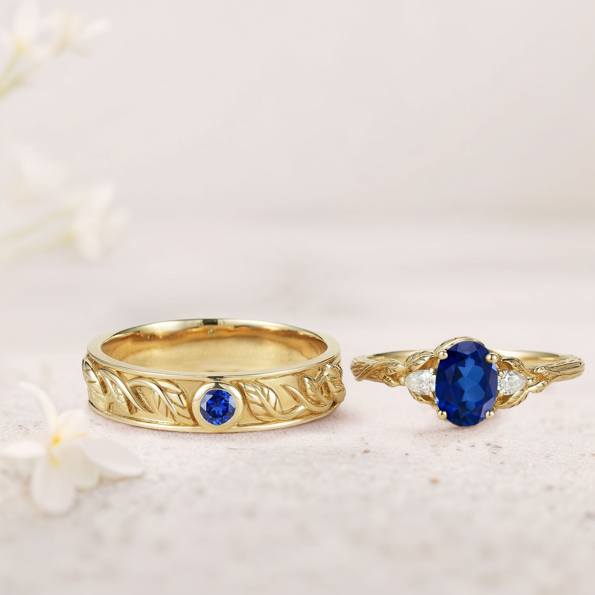 Unique Leaf Design Oval Lab Sapphire and Moissanite Wedding Ring Promise Ring for Couples - Oore Jewelry