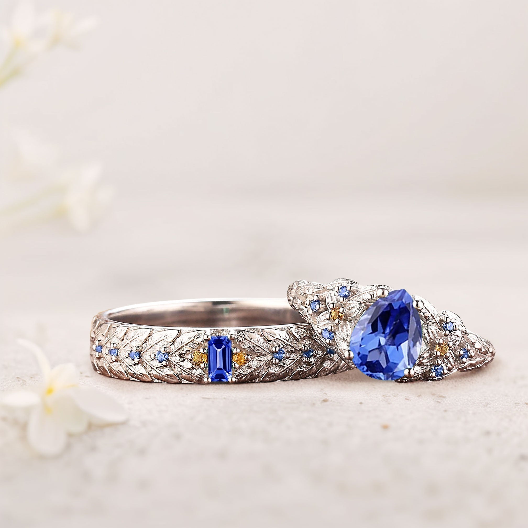 Unique Pear Lab Sapphire His and Hers Matching Wedding Ring Set - Oore Jewelry