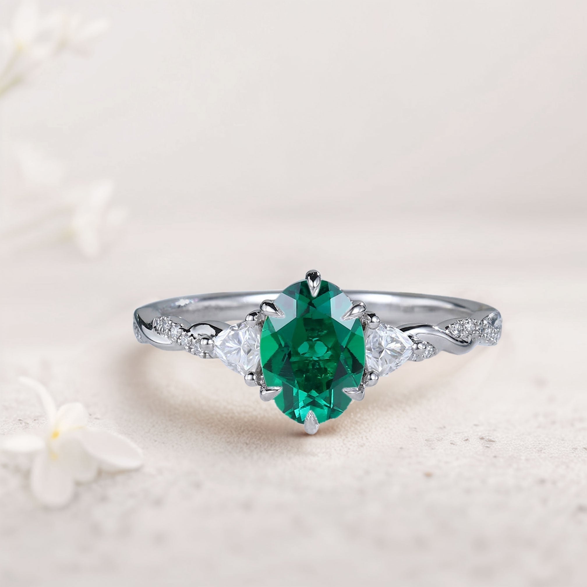 Unique Three Stone Oval Lab Emerald Ring Engagement Ring - Oore Jewelry