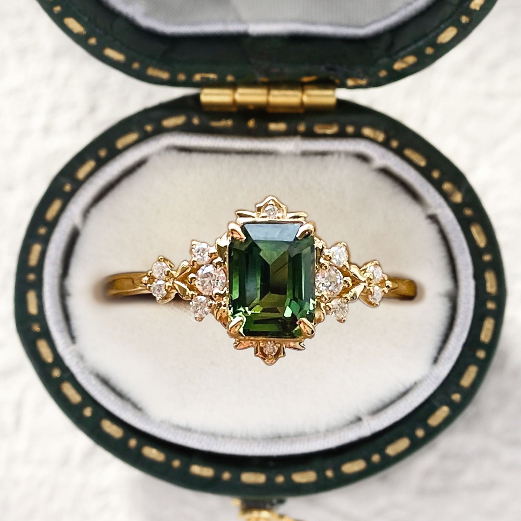 Vintage Fantasy Inspired Emerald Cut Green Lab Sapphire Engagement Ring - Oore Jewelry