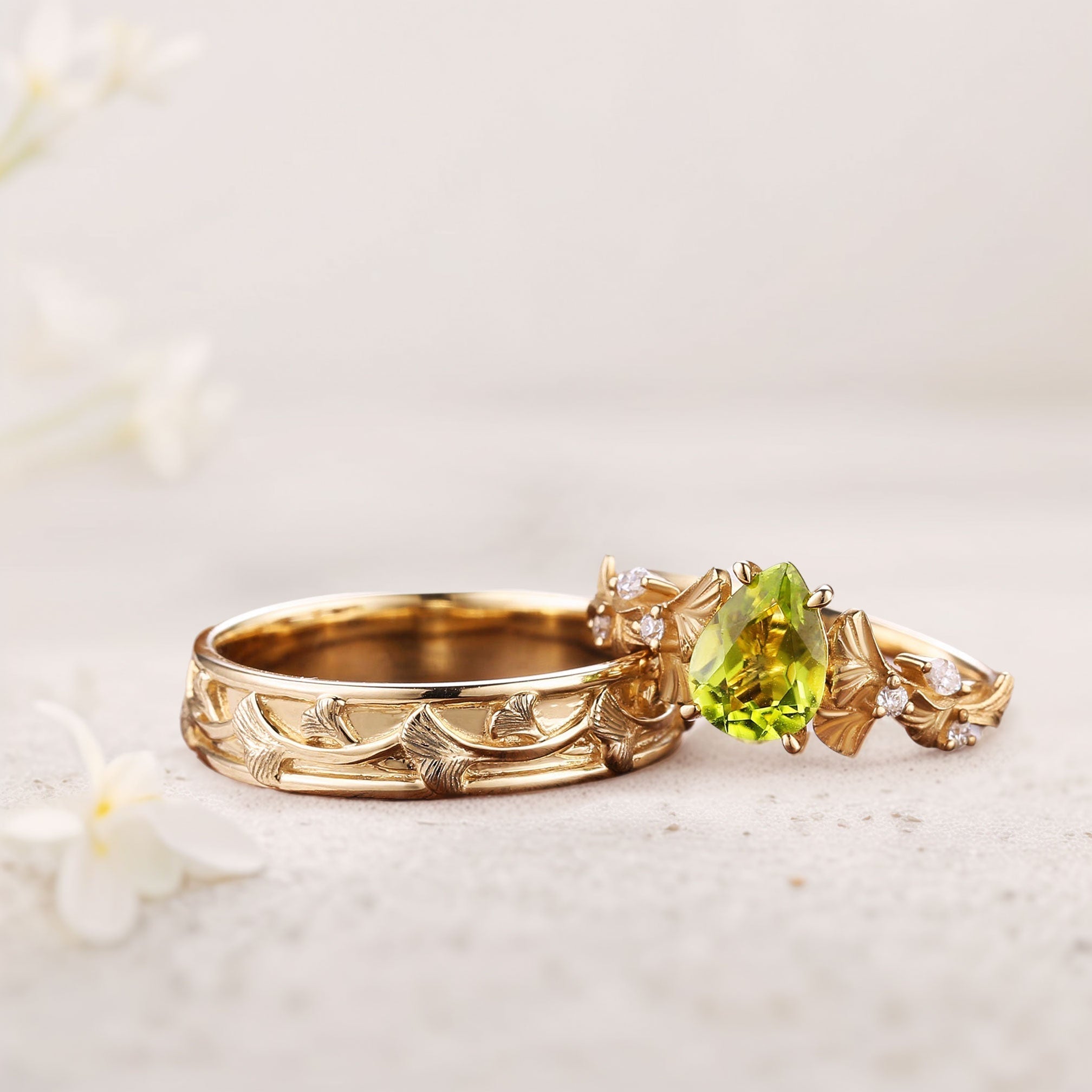 Unique Pear Citrine Couple Promise Engagement Ring Wedding Ring Set - Oore Jewelry