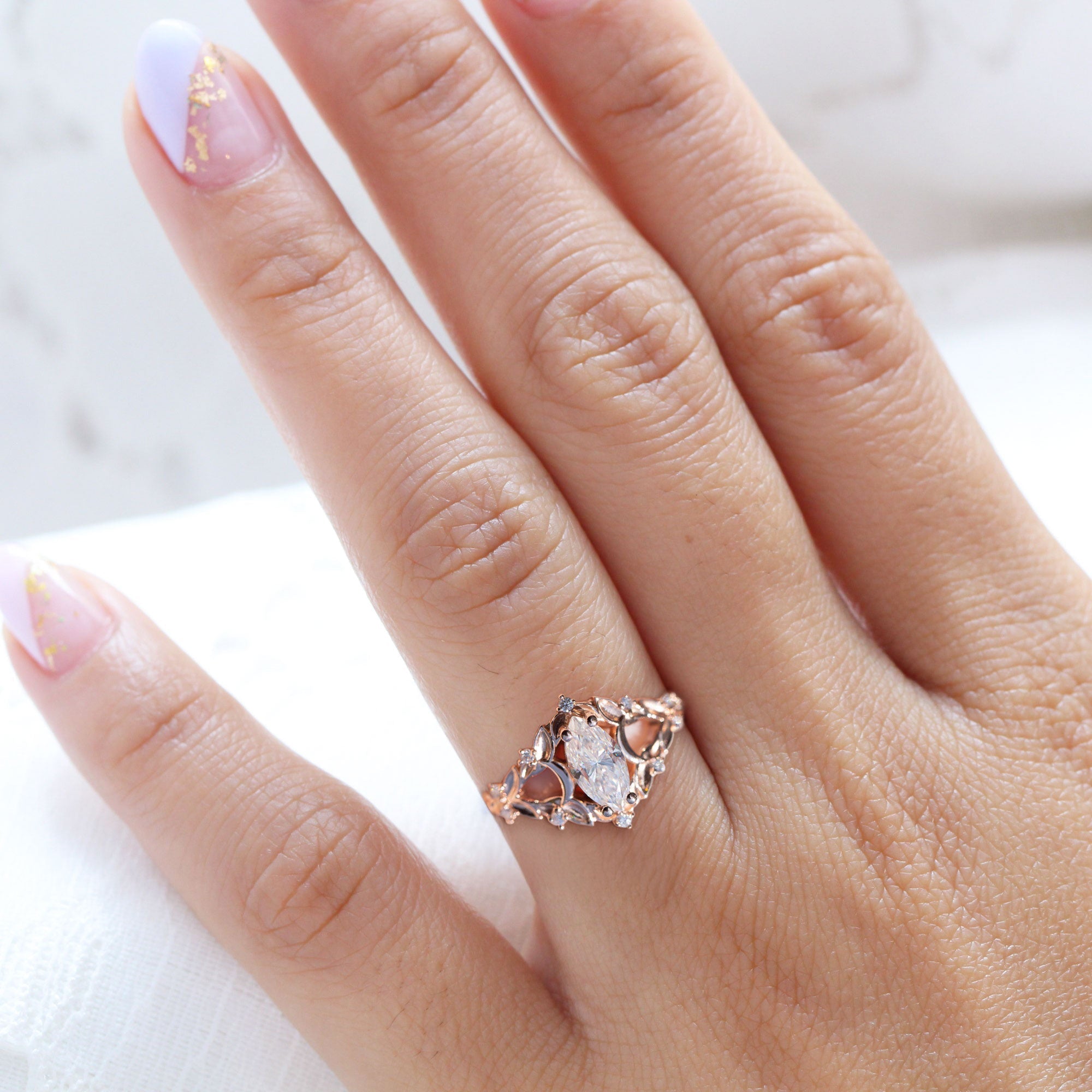 Unique Briar Moon Marquise Moissanite Ring - Oore Jewelry