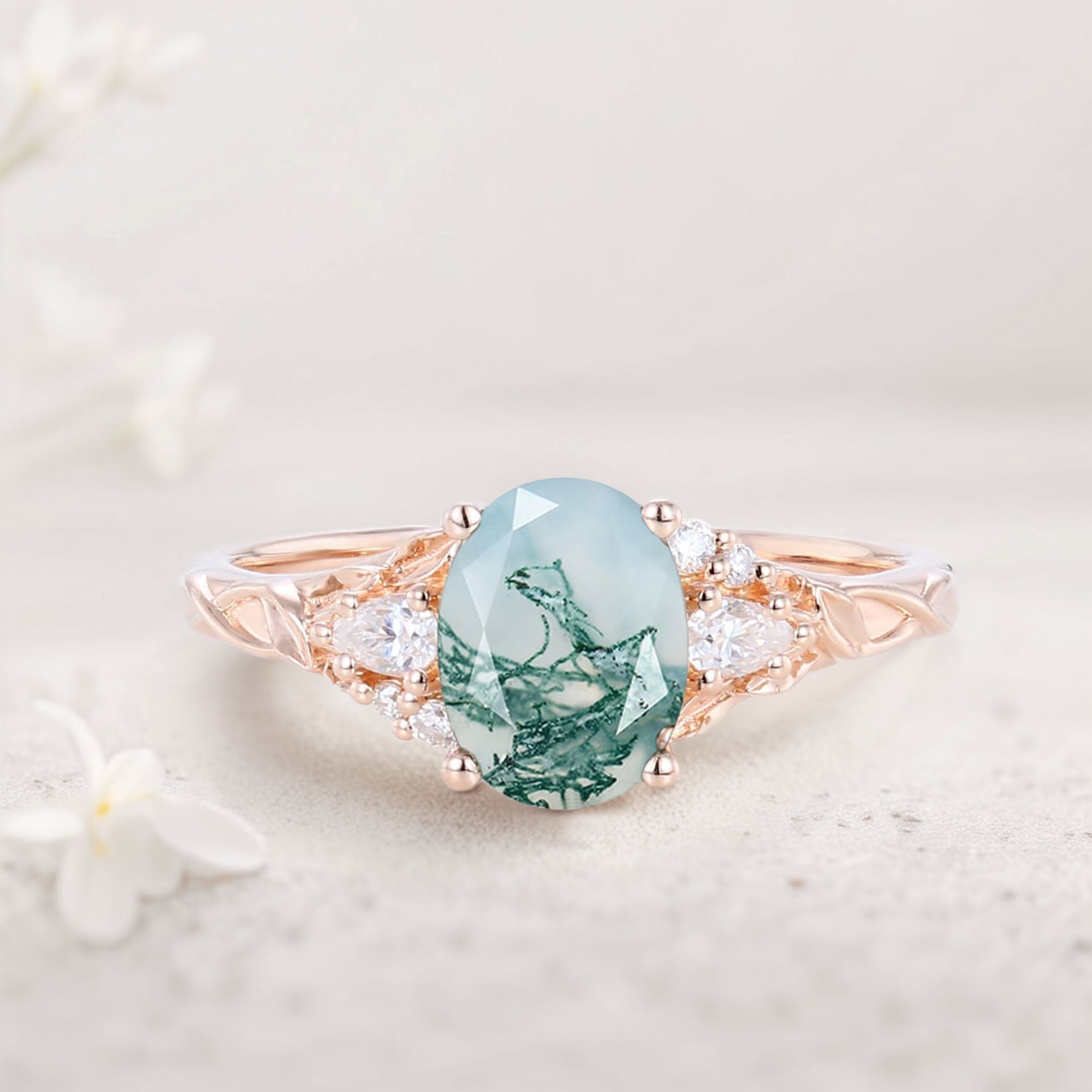 Unique Oval Moss Agate and Moissanite Wedding Ring - Oore Jewelry