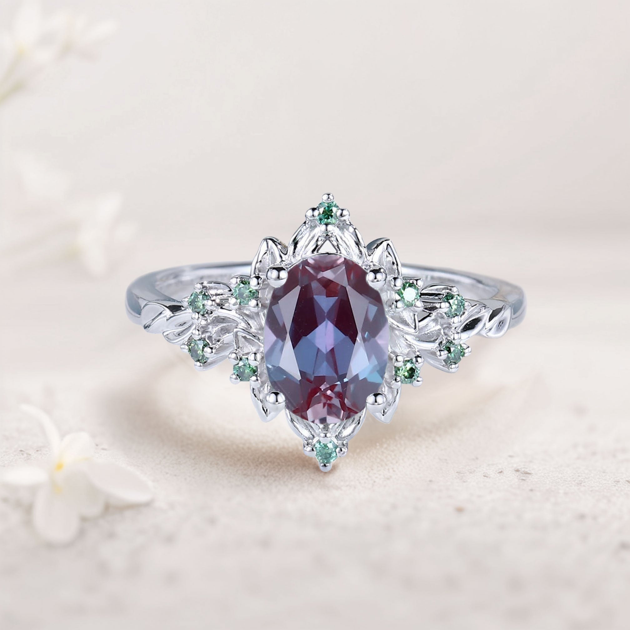 Vintage Briar Rose Oval Lab Alexandrite Engagement Ring Olive Leaves Ring - Oore Jewelry