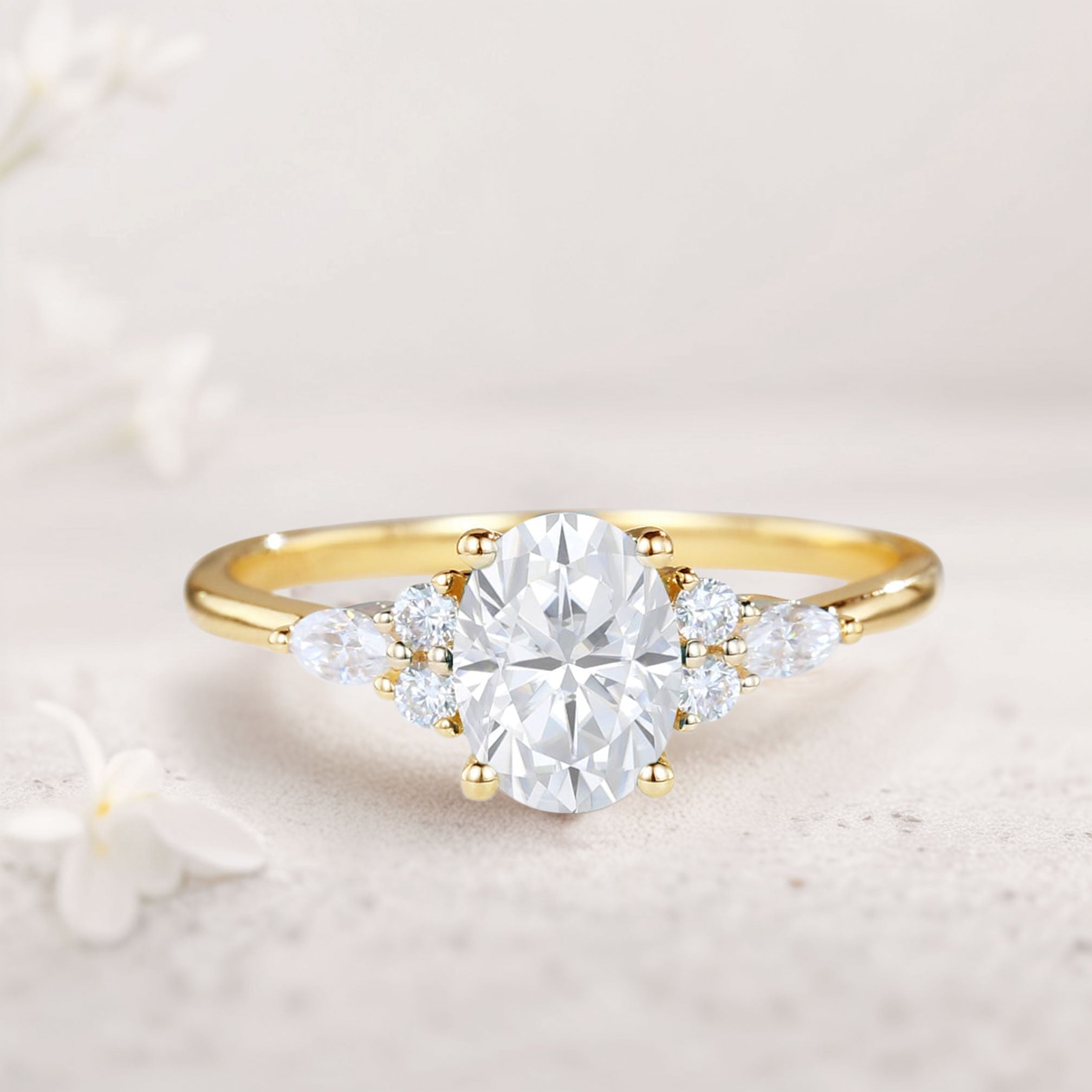 Vintage Oval Moissanite Engagement Ring Cluster Wedding Ring - Oore Jewelry