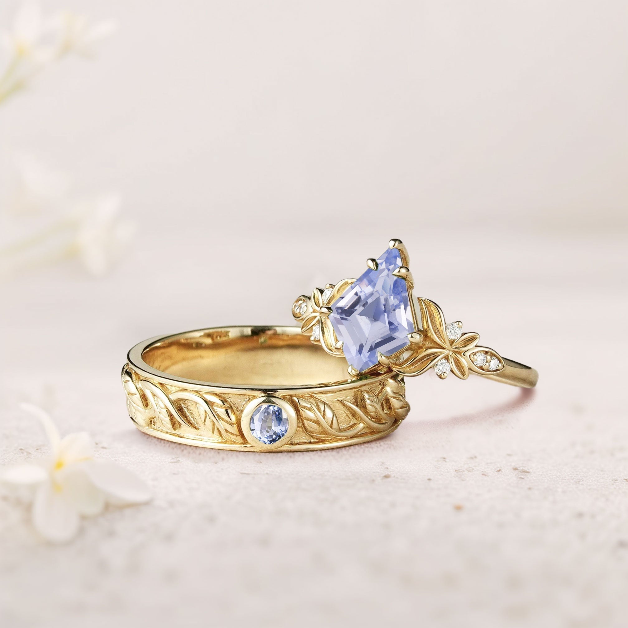 Unique Kite Lab Sapphire Promise Engagement Ring Wedding Ring Set For Couples - Oore Jewelry