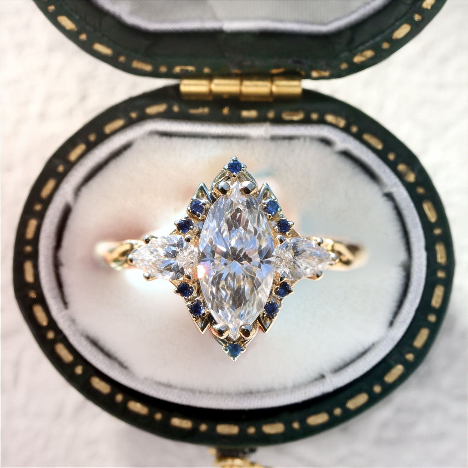 Briar Halo Marquise Moissanite and Lab Sapphire Engagement Ring - Oore Jewelry