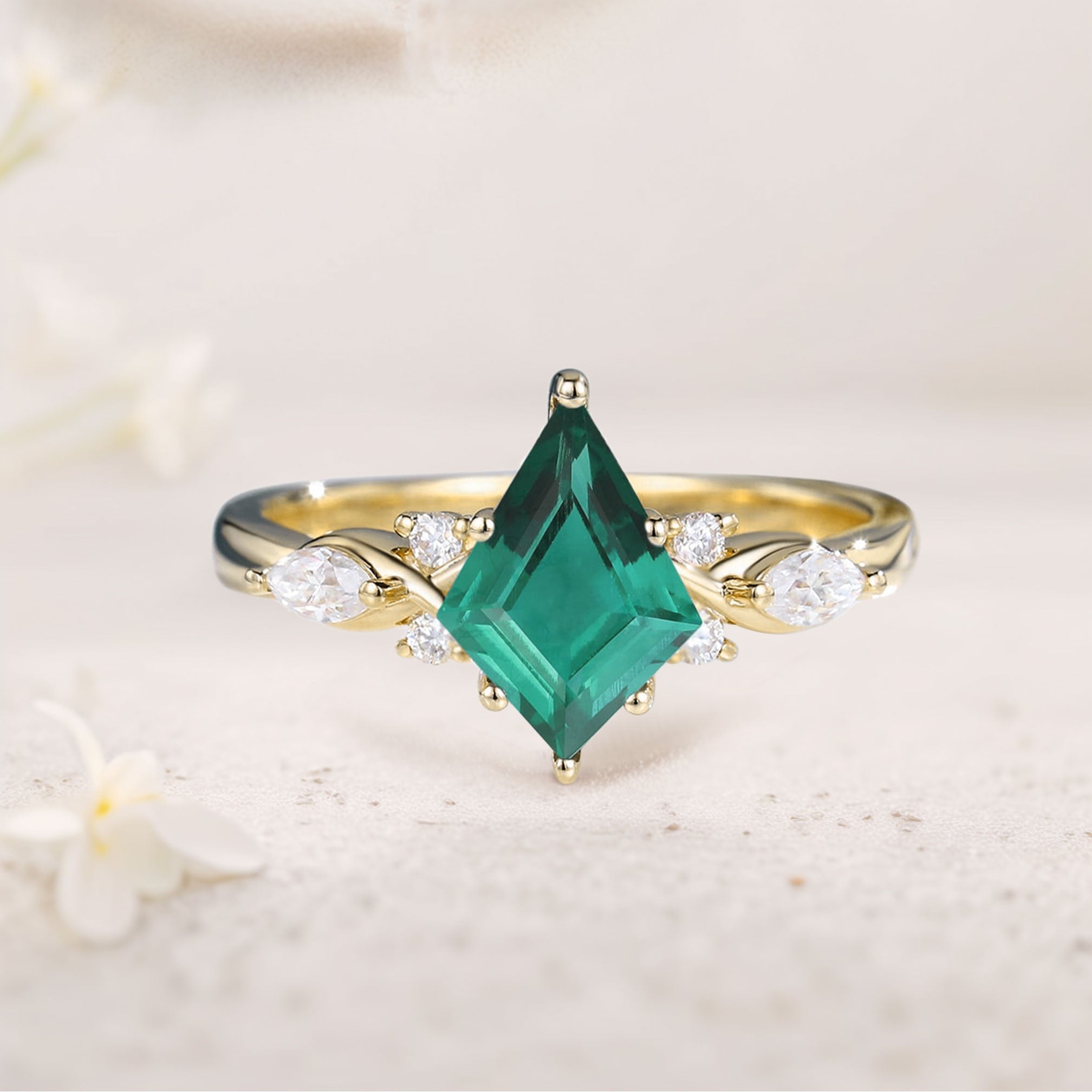 Unique Kite Lab Emerald Engagement Ring Art Deco Promise Ring - Oore Jewelry