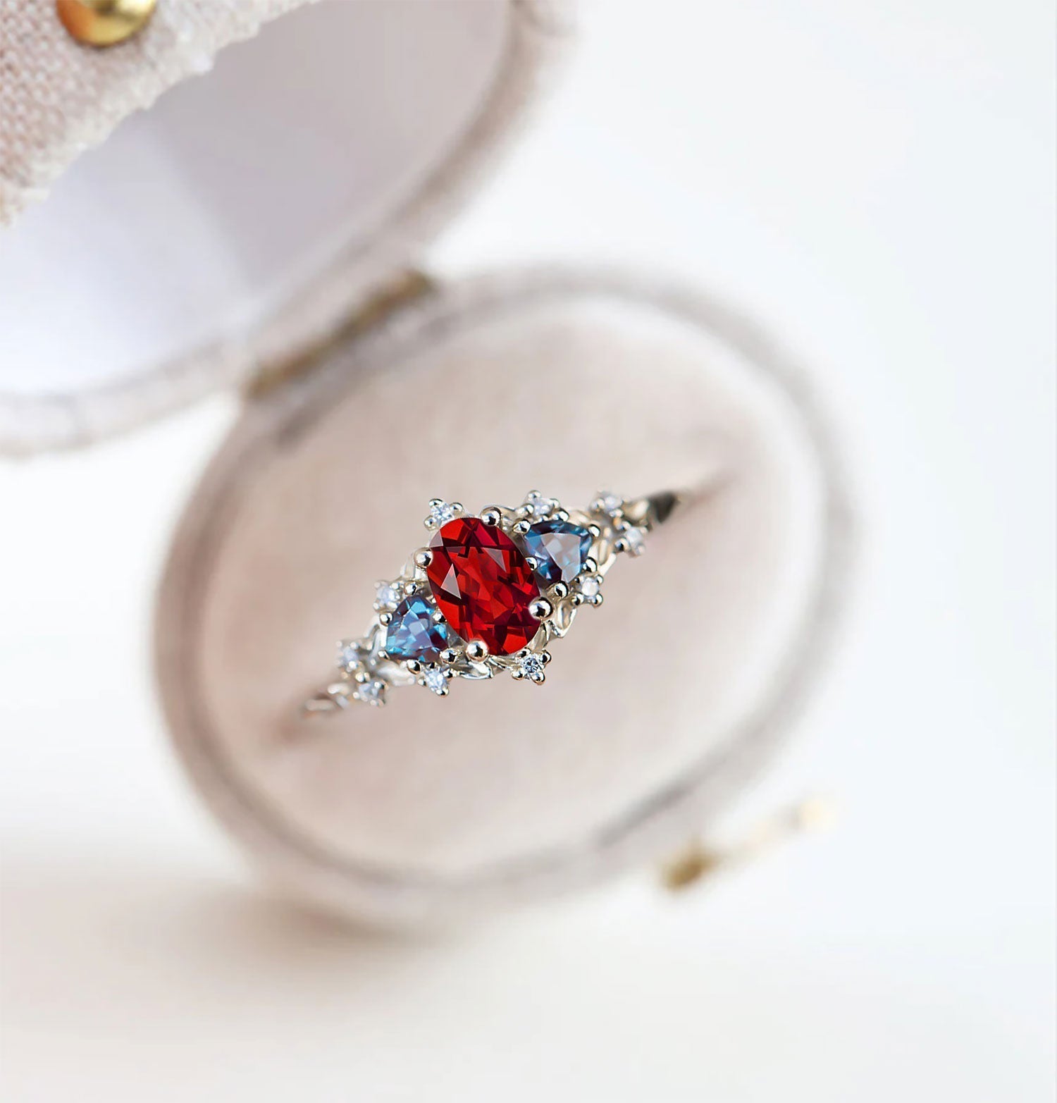 Unique Briar Rose Three Stone Oval Garnet and Lab Alexandrite Wedding Ring - Oore Jewelry