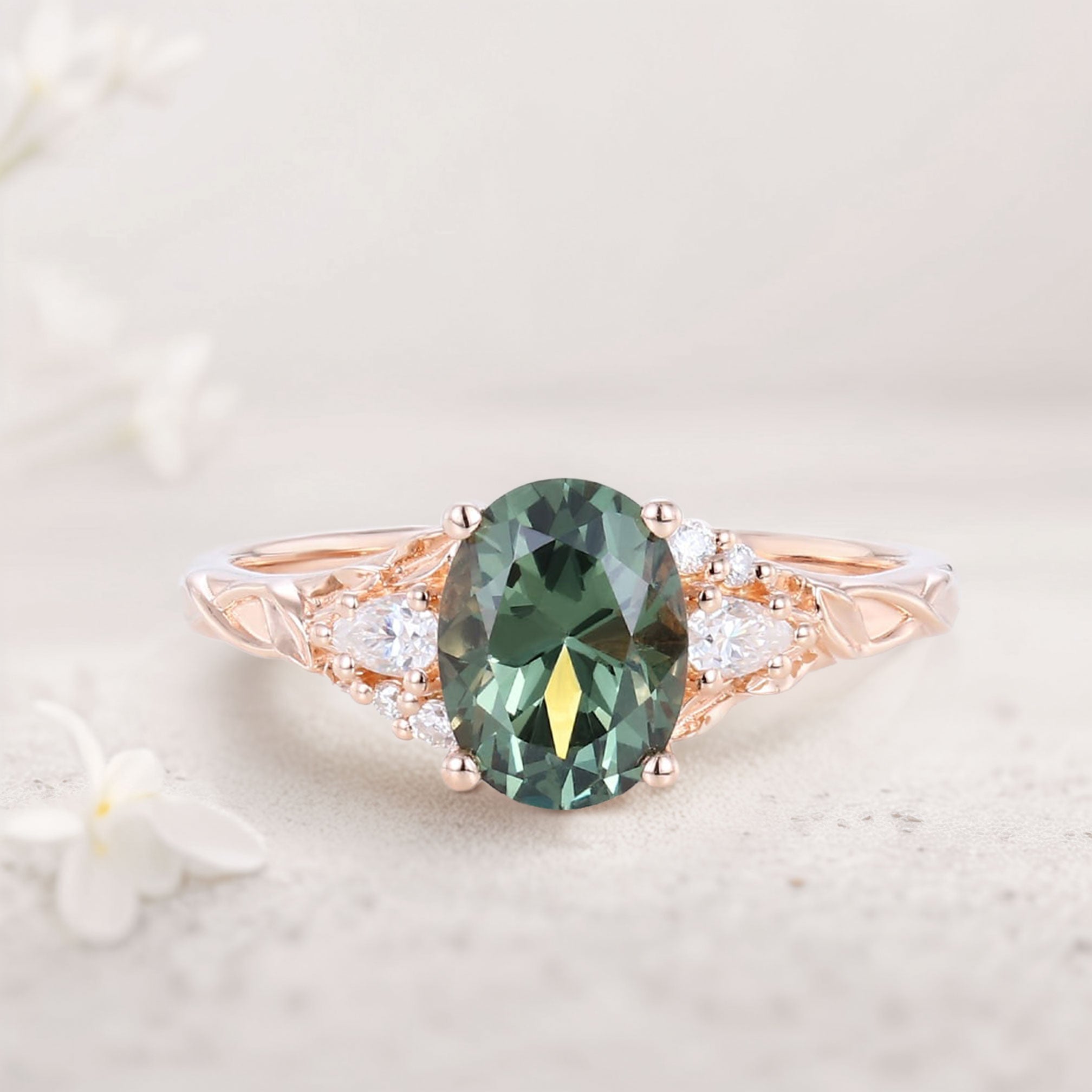 Unique Oval Green Lab Sapphire and Moissanite Wedding Ring - Oore Jewelry