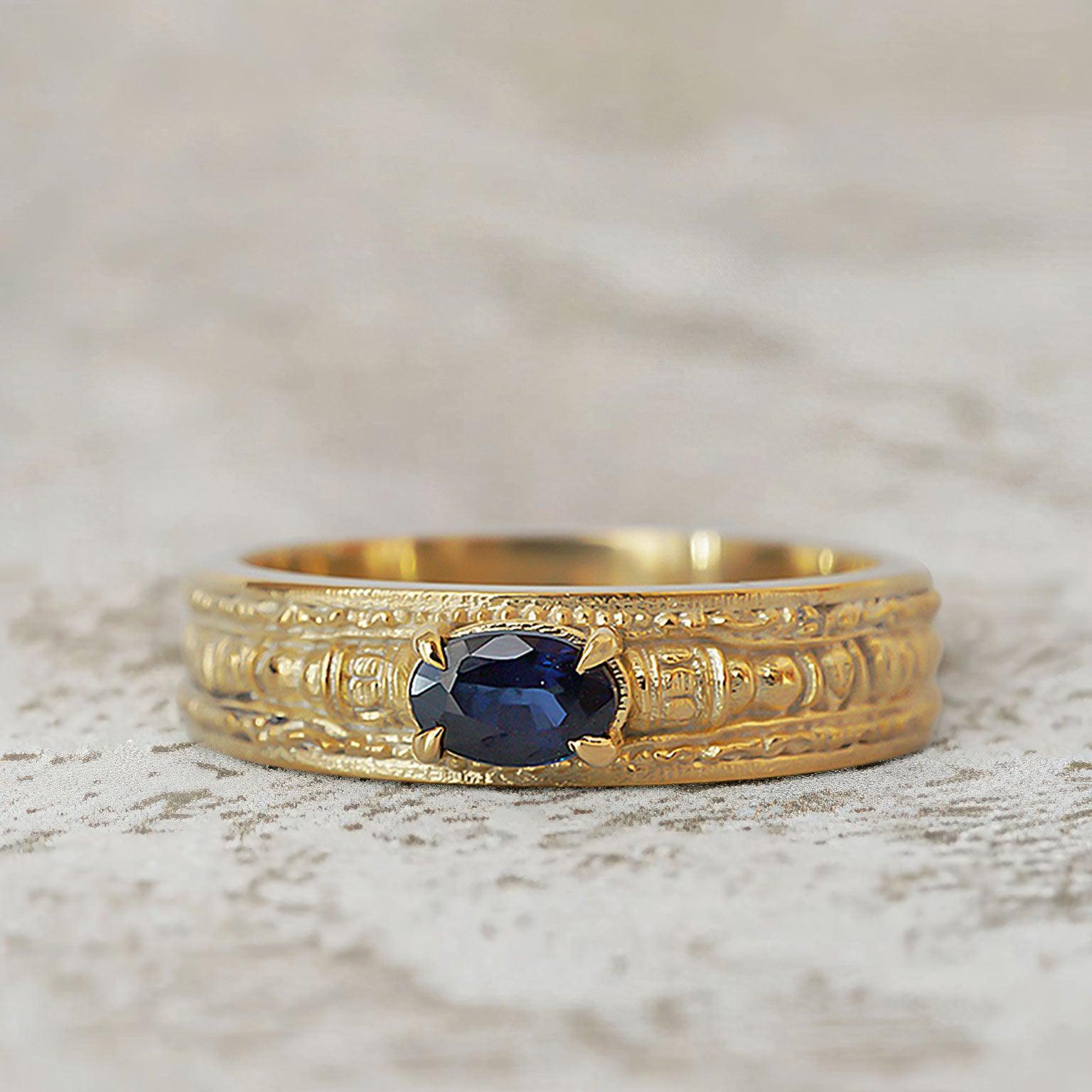 Unique Pharaohs Oval Lab Sapphire Ring Band For Men - Oore Jewelry