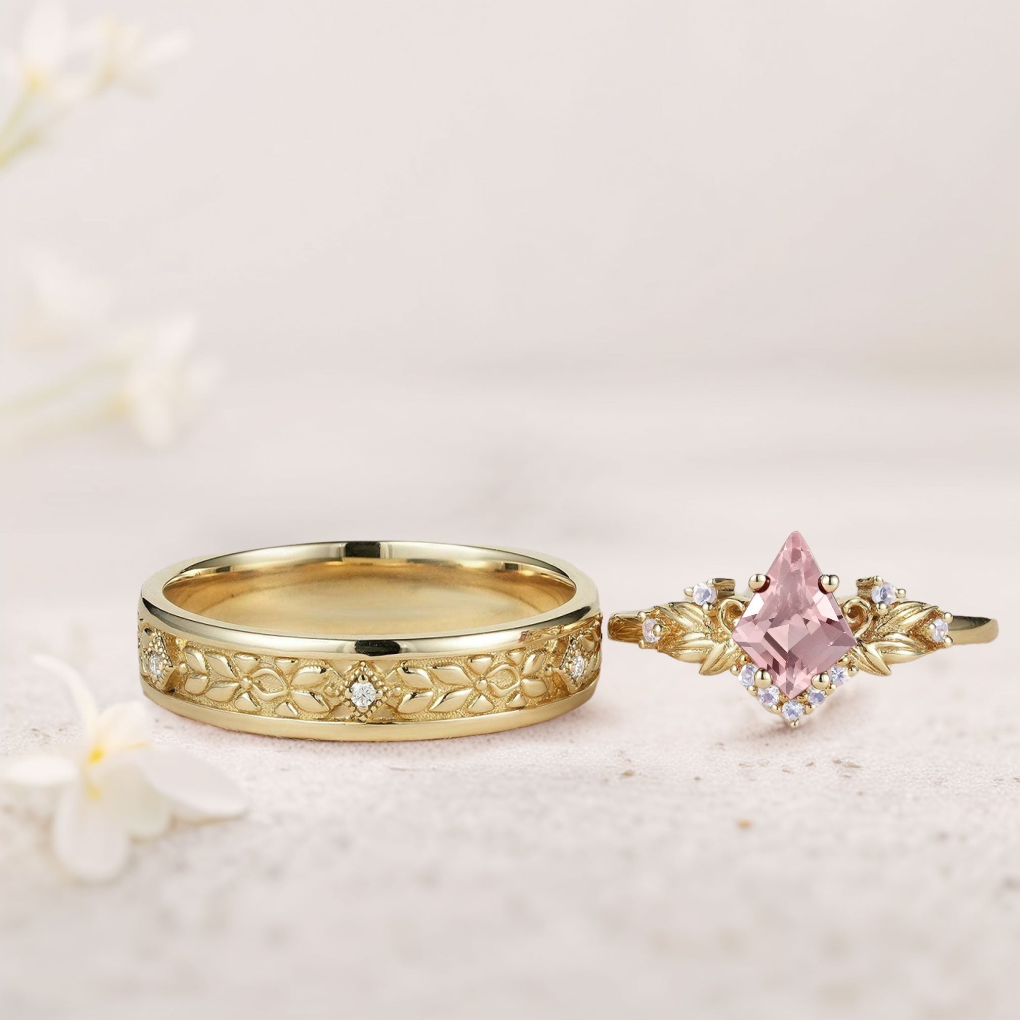 Vintage Kite Lab Padparadscha Promise Ring Engagement Ring Set for Couples - Oore Jewelry
