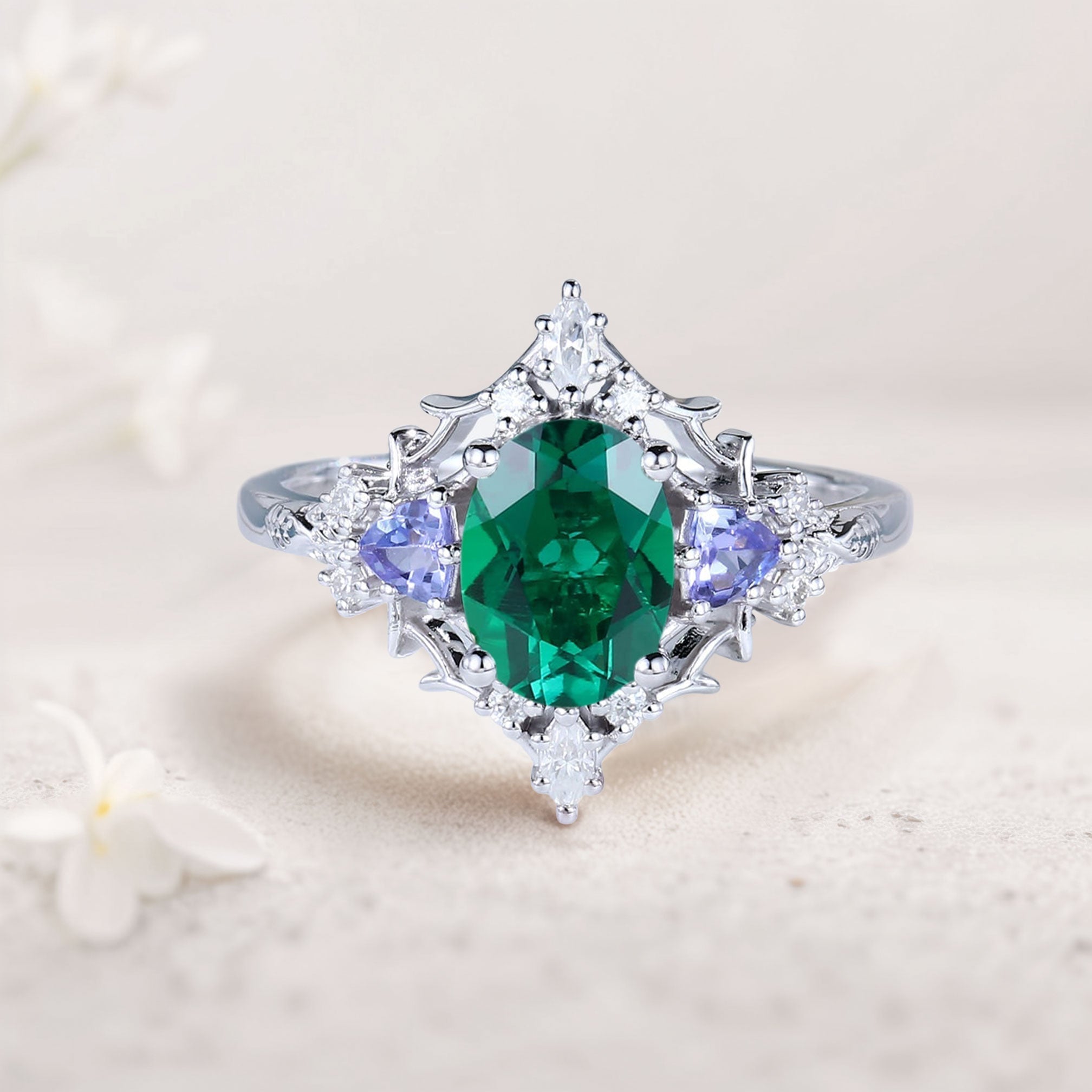 Vintage Briar Rose Oval Lab Emerald Engagement Ring Filigree Ring - Oore Jewelry