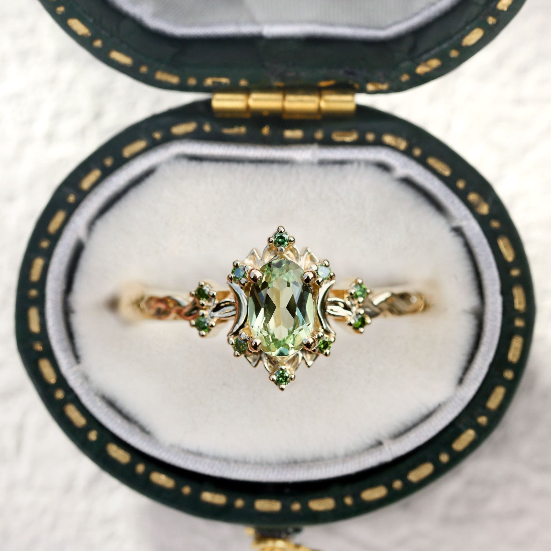 Unique Briar Rose Halo Moon Oval Green Lab Sapphire Ring - Oore Jewelry