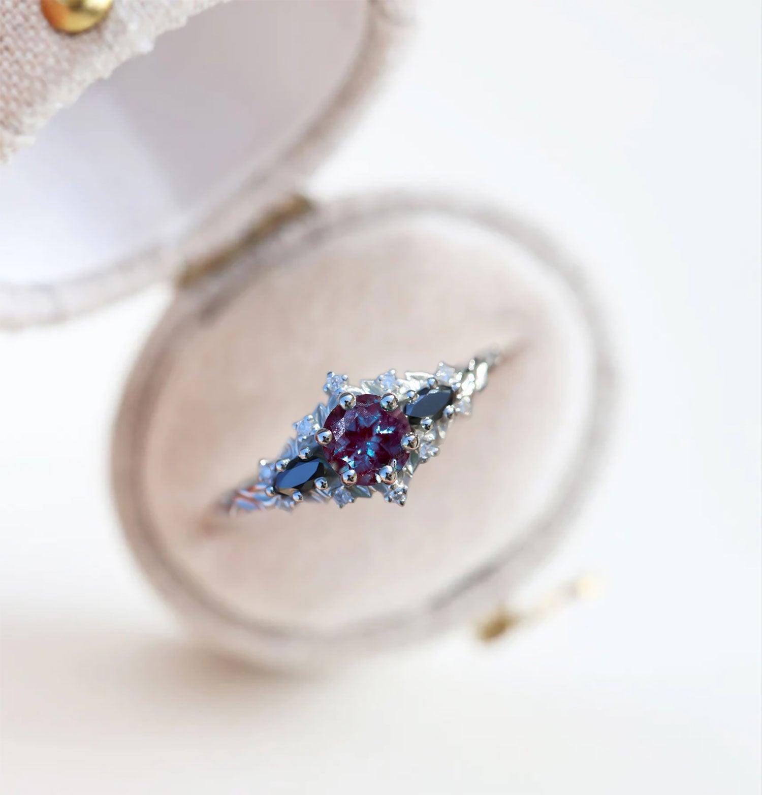 Unique Briar Rose Round Lab Alexandrite and Black Moissanite Ring - Oore Jewelry