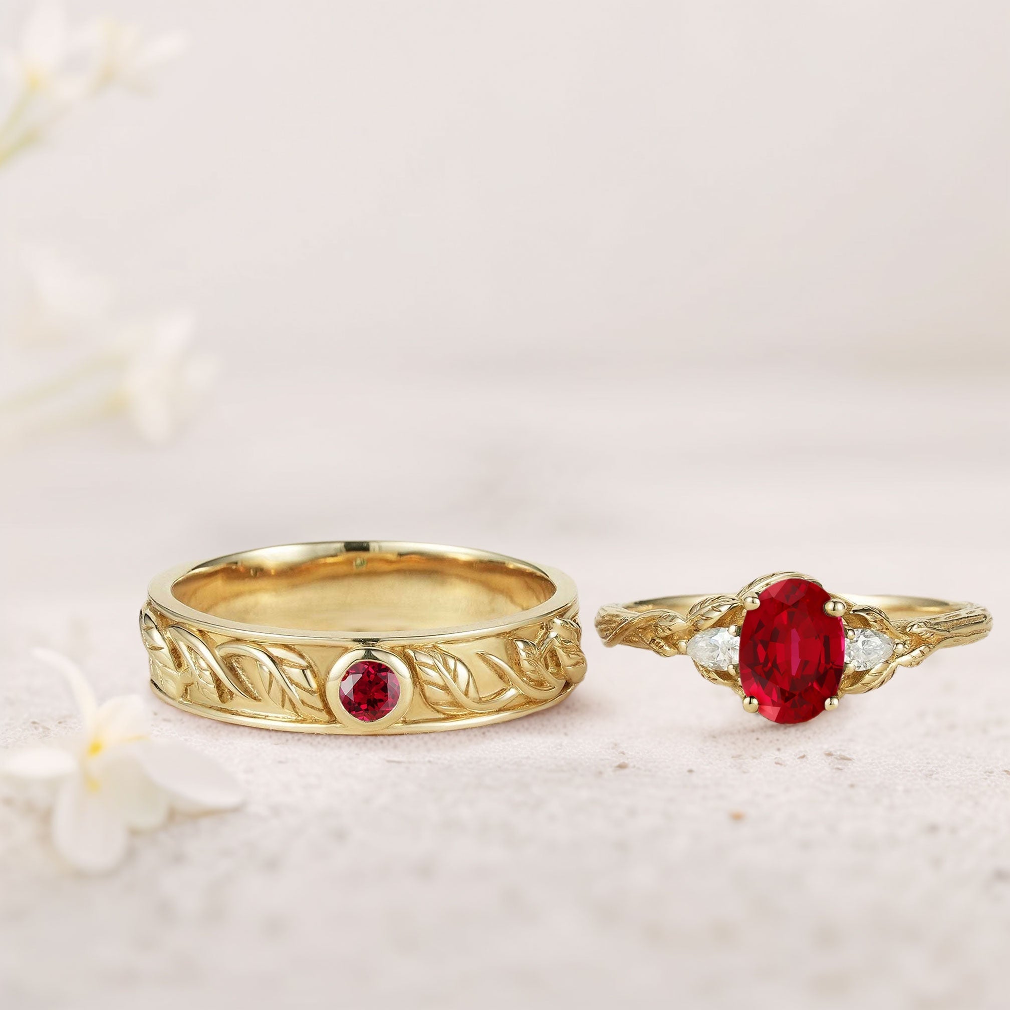 Unique Leaf Design Oval Lab Ruby and Moissanite Wedding Ring Promise Ring for Couples - Oore Jewelry