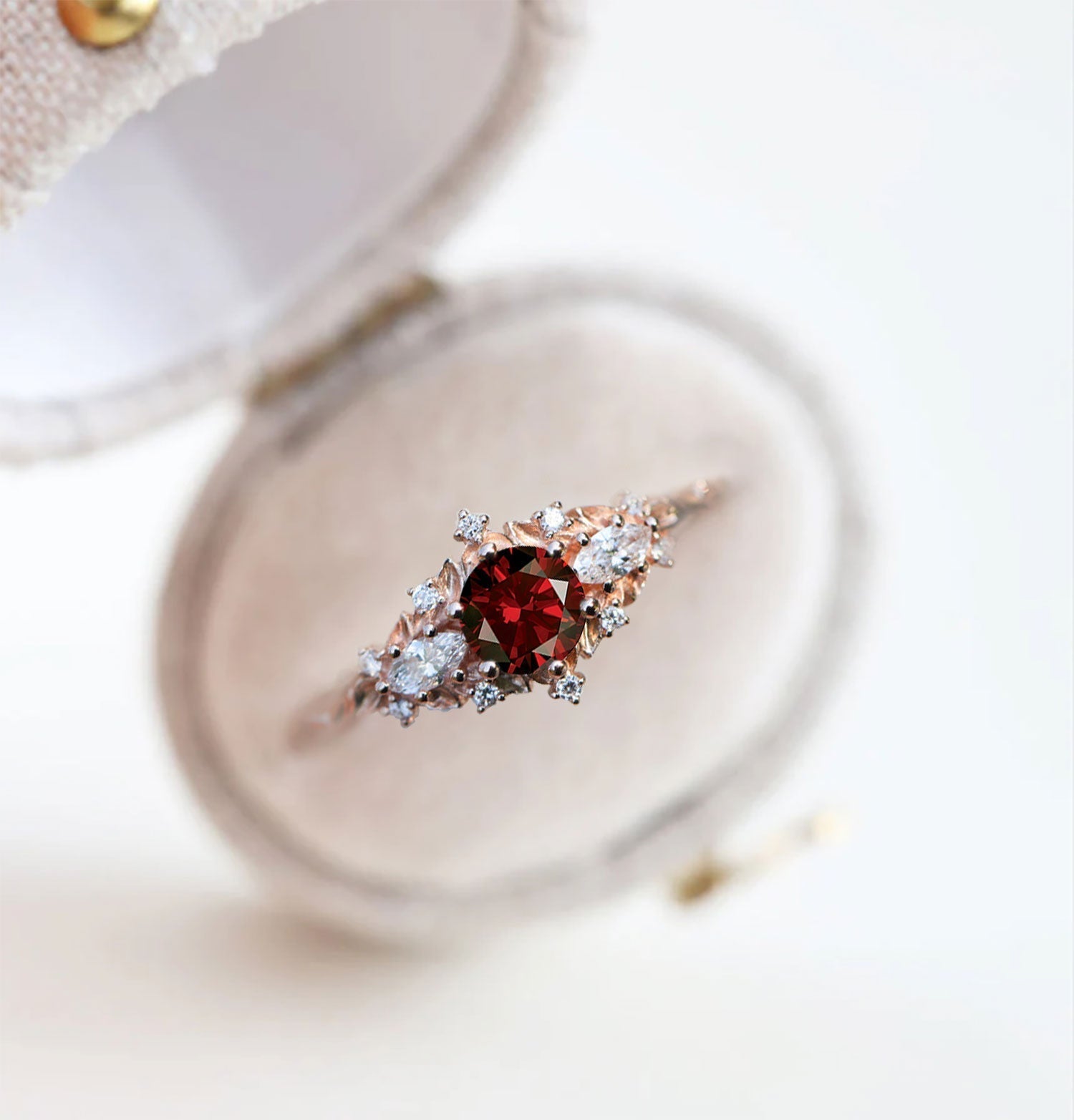 Unique Briar Rose Three Stone Round Garnet Engagement Ring - Oore Jewelry