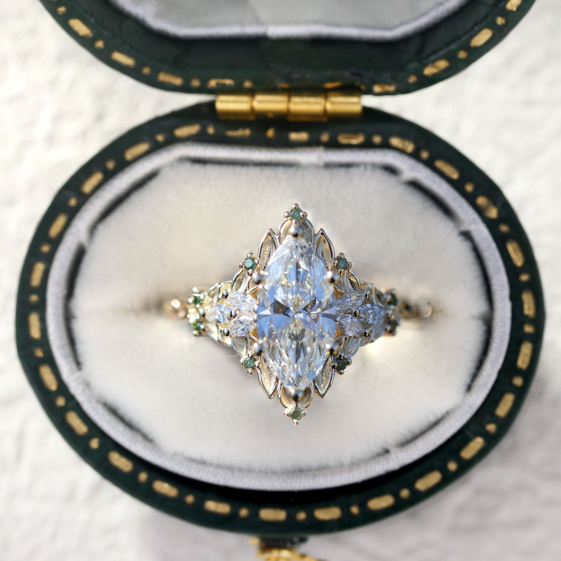 Unique Briar Rose Starlight Marquise Moissanite and Green Lab Sapphire Ring - Oore Jewelry
