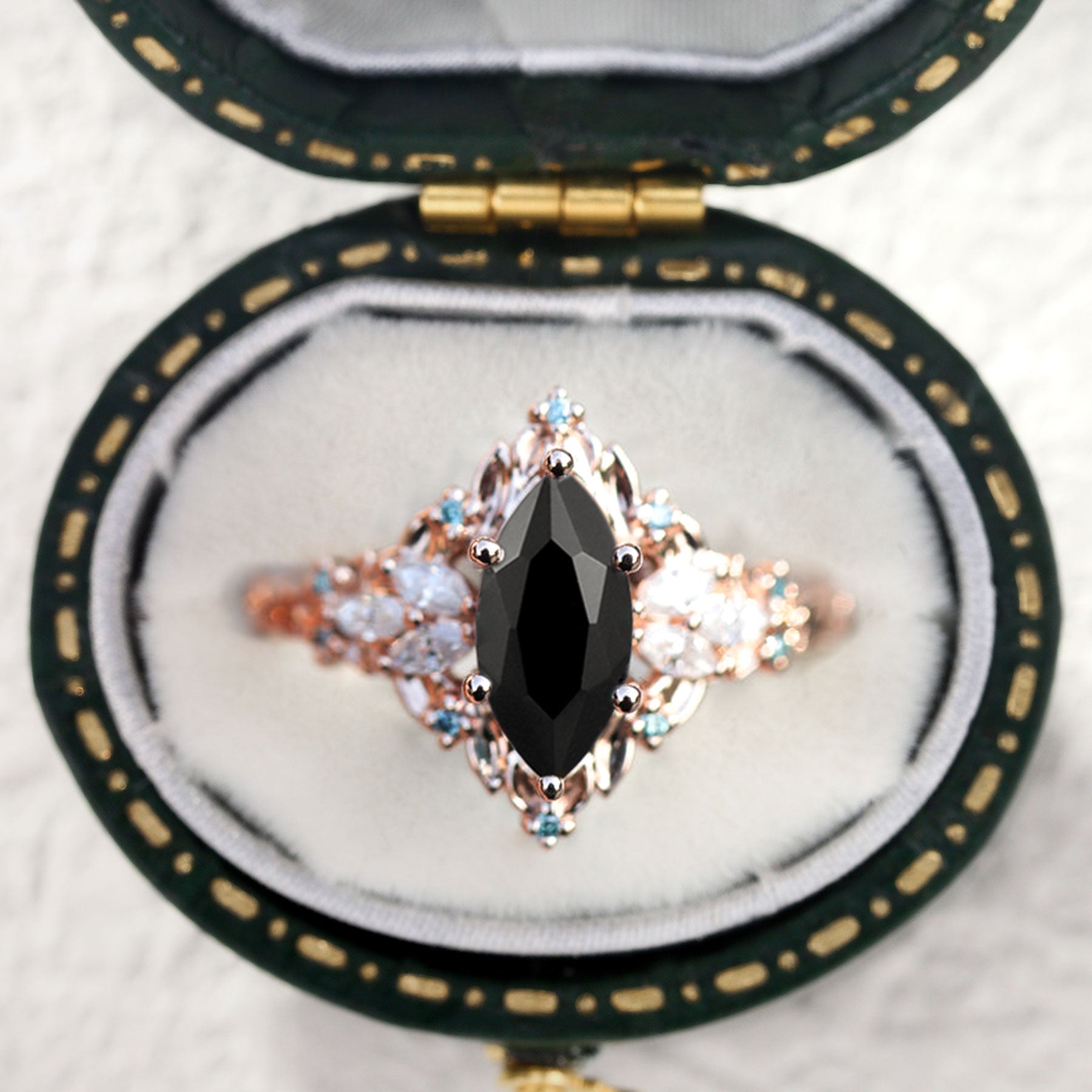 Unique Briar Rose Starlight Marquise Black Onyx Ring - Oore Jewelry