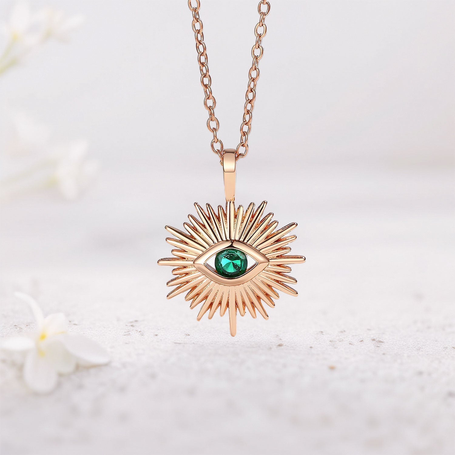 Unique Devil's Eye Round Lab Emerald Necklace - Oore Jewelry