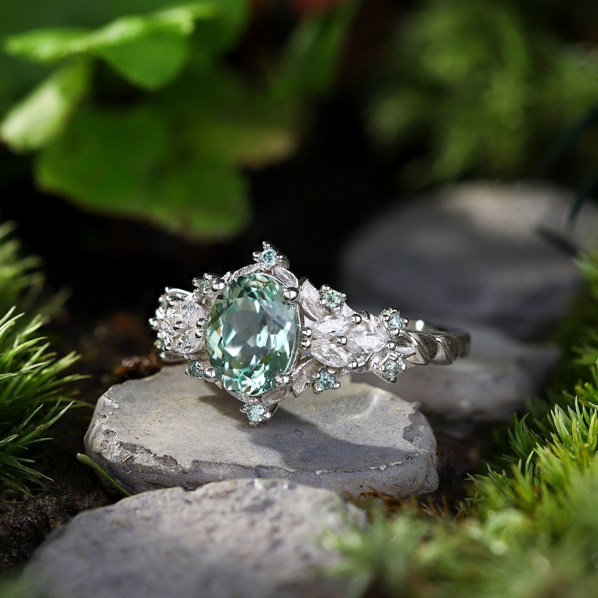 Unique Starlight Oval Green Lab Sapphire Engagement Ring - Oore Jewelry