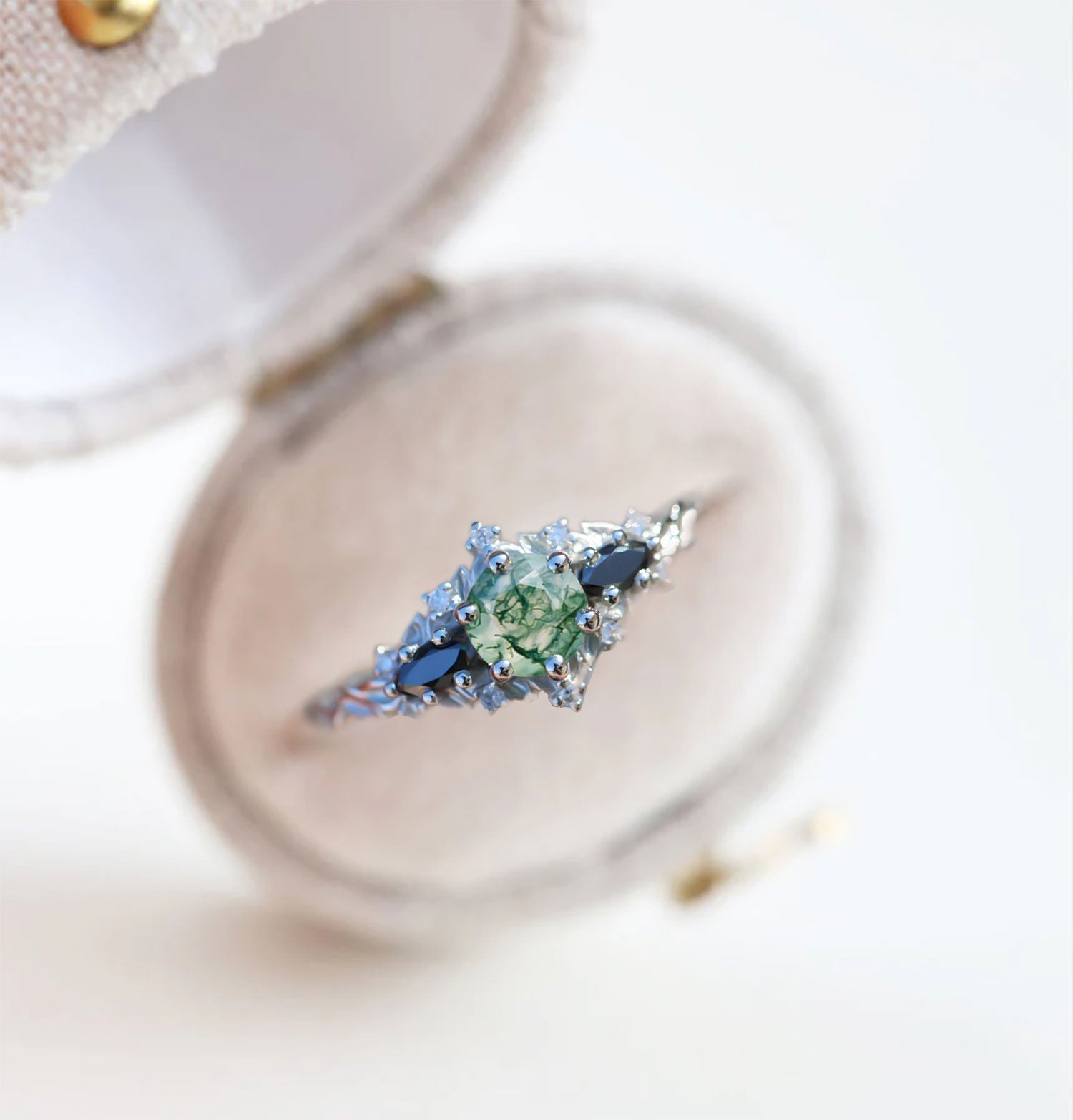 Unique Briar Rose Round Moss Agate and Black Moissanite Ring - Oore Jewelry