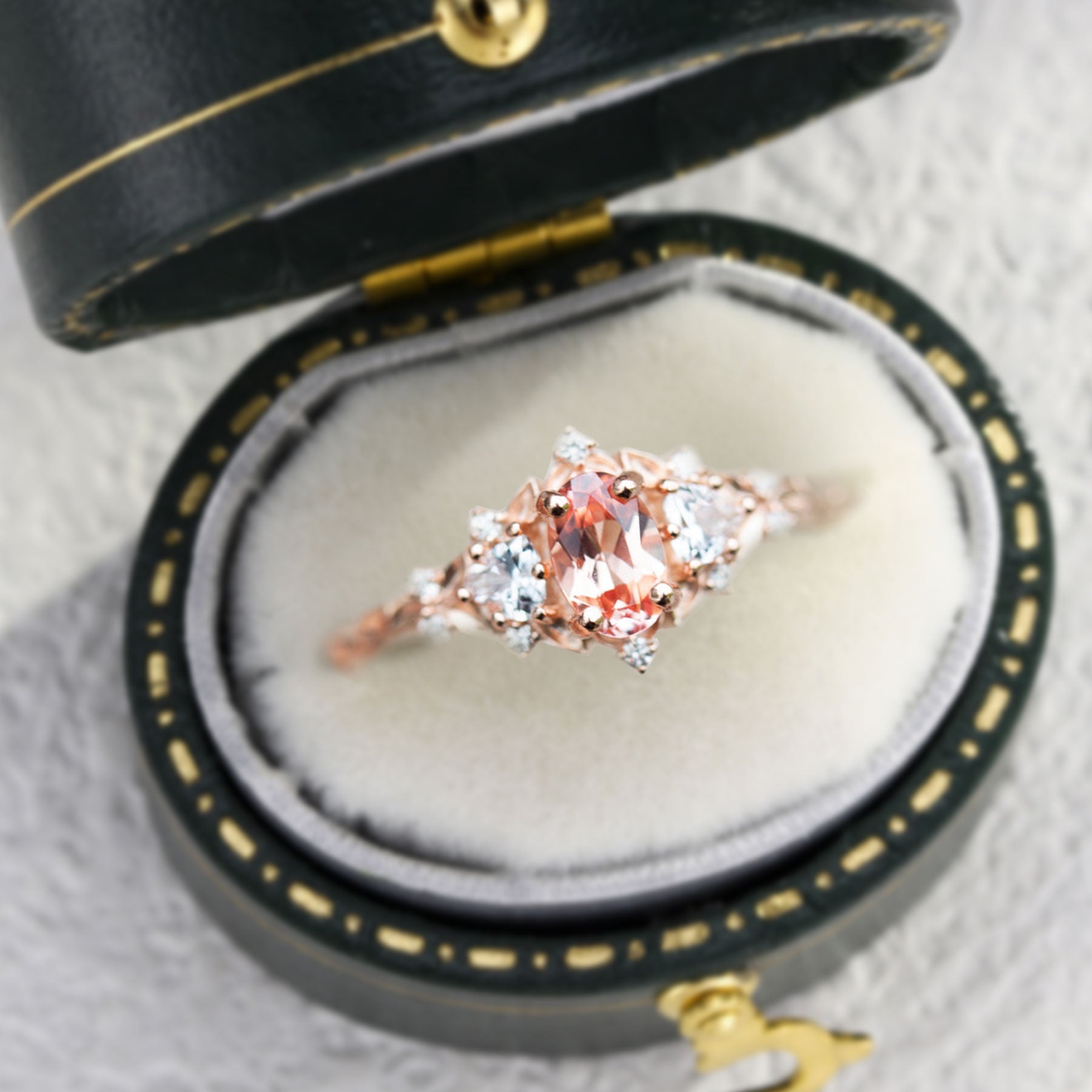 Unique Briar Rose Three Stone Oval Pink Lab Padparadscha Ring - Oore Jewelry