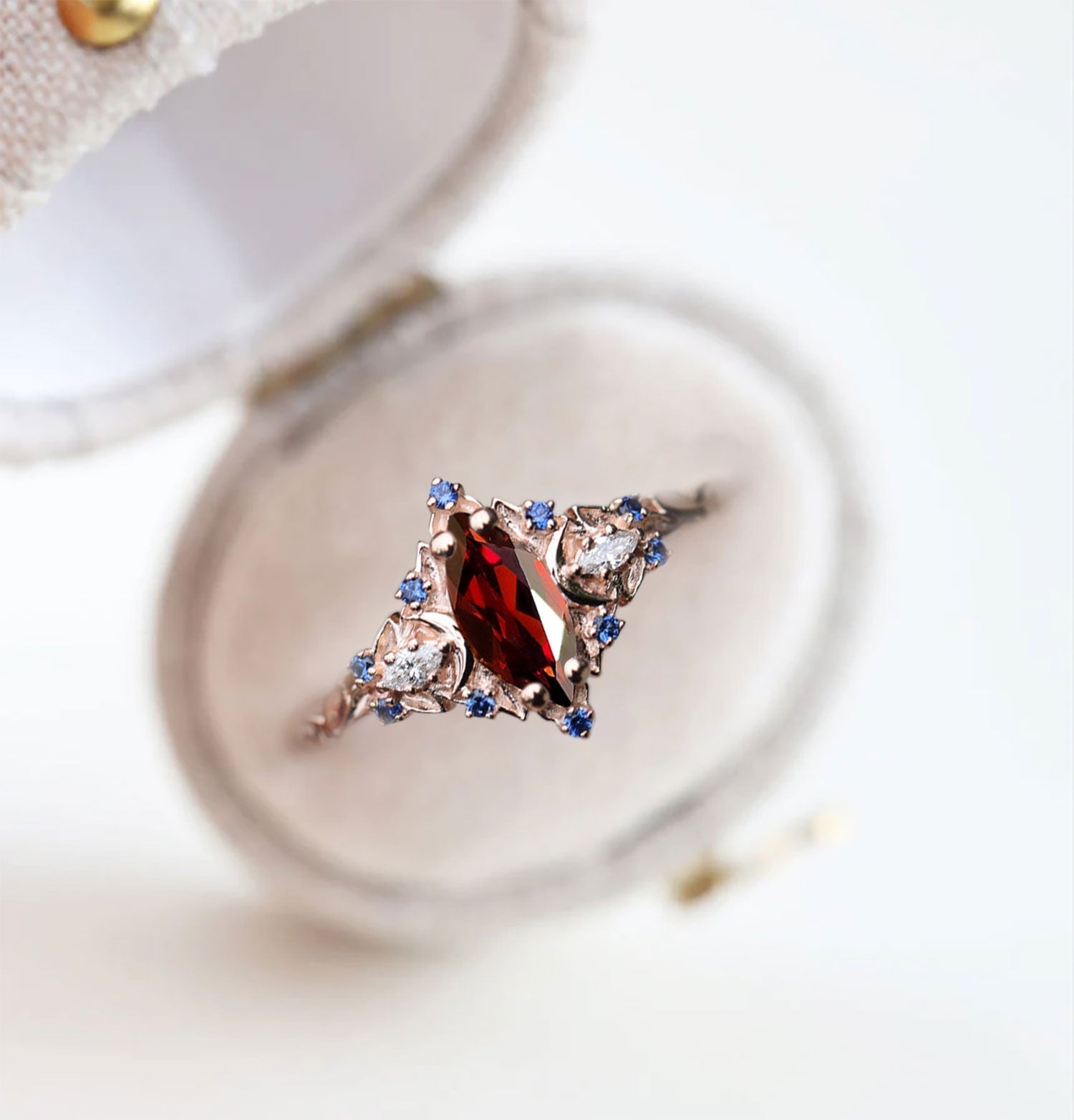 Unique Briar Moon Marquise Garnet and Lab Blue Sapphire Anniversary Ring - Oore Jewelry