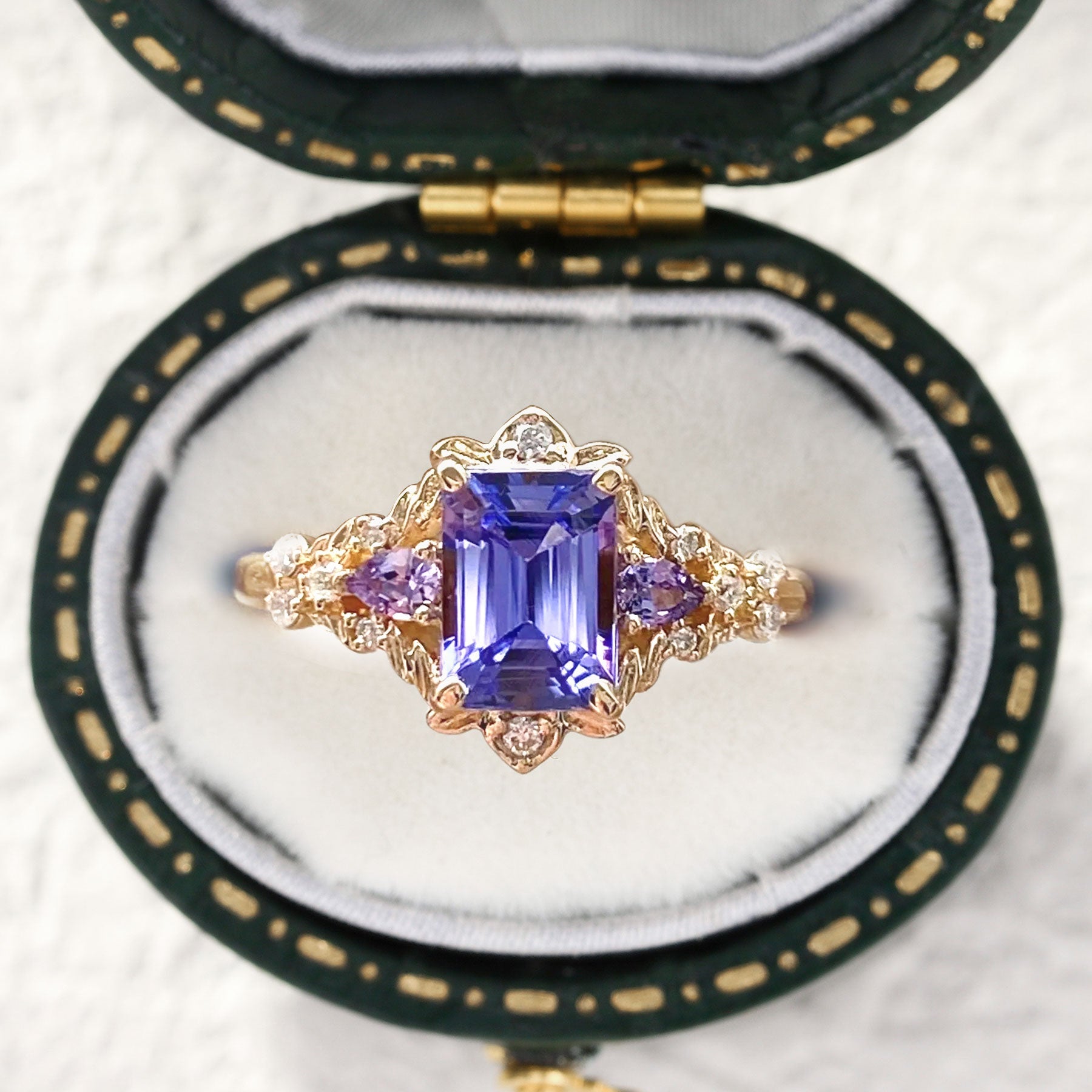 Vintage Emerald Cut Lab Tanzanite Engagement Ring Flower Wedding Ring - Oore Jewelry