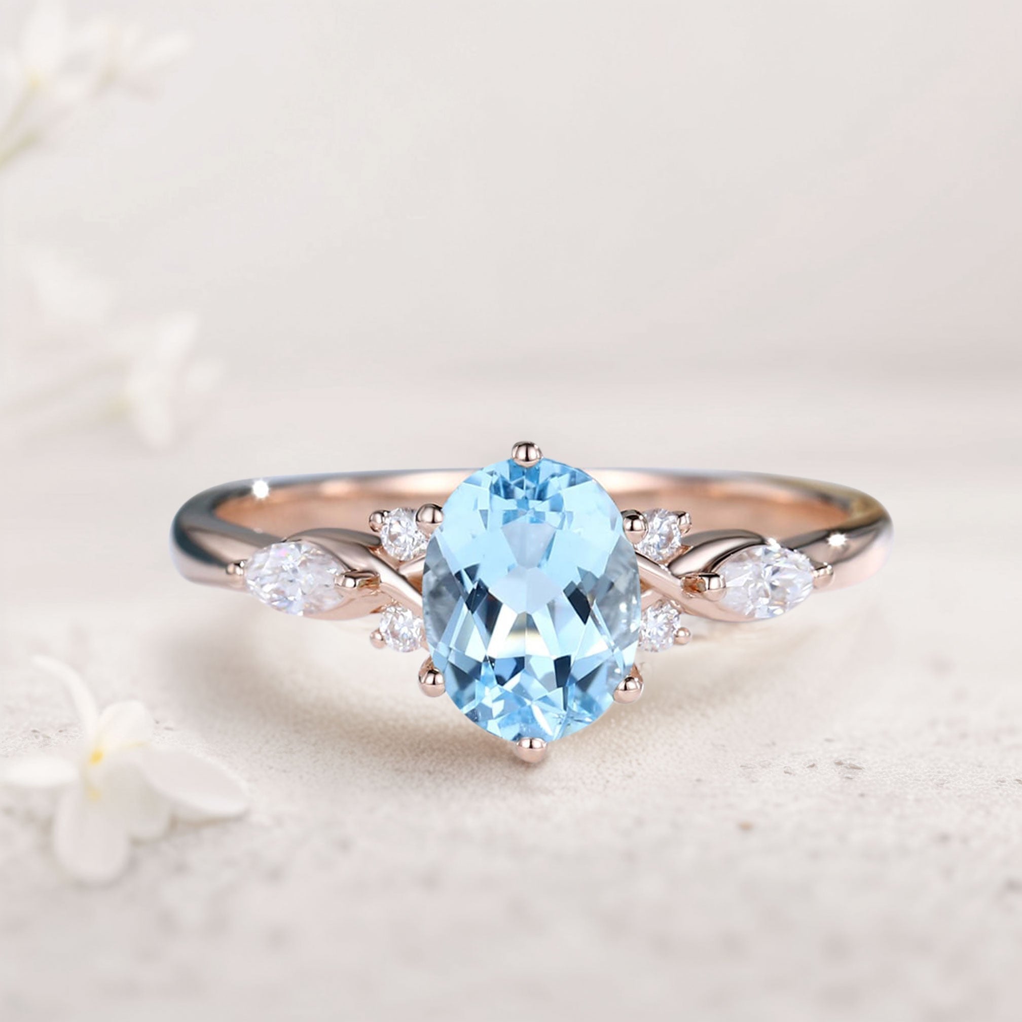 Vintage Oval Lab Aquamarine and Moissanite Split Shank Engagement Ring - Oore Jewelry