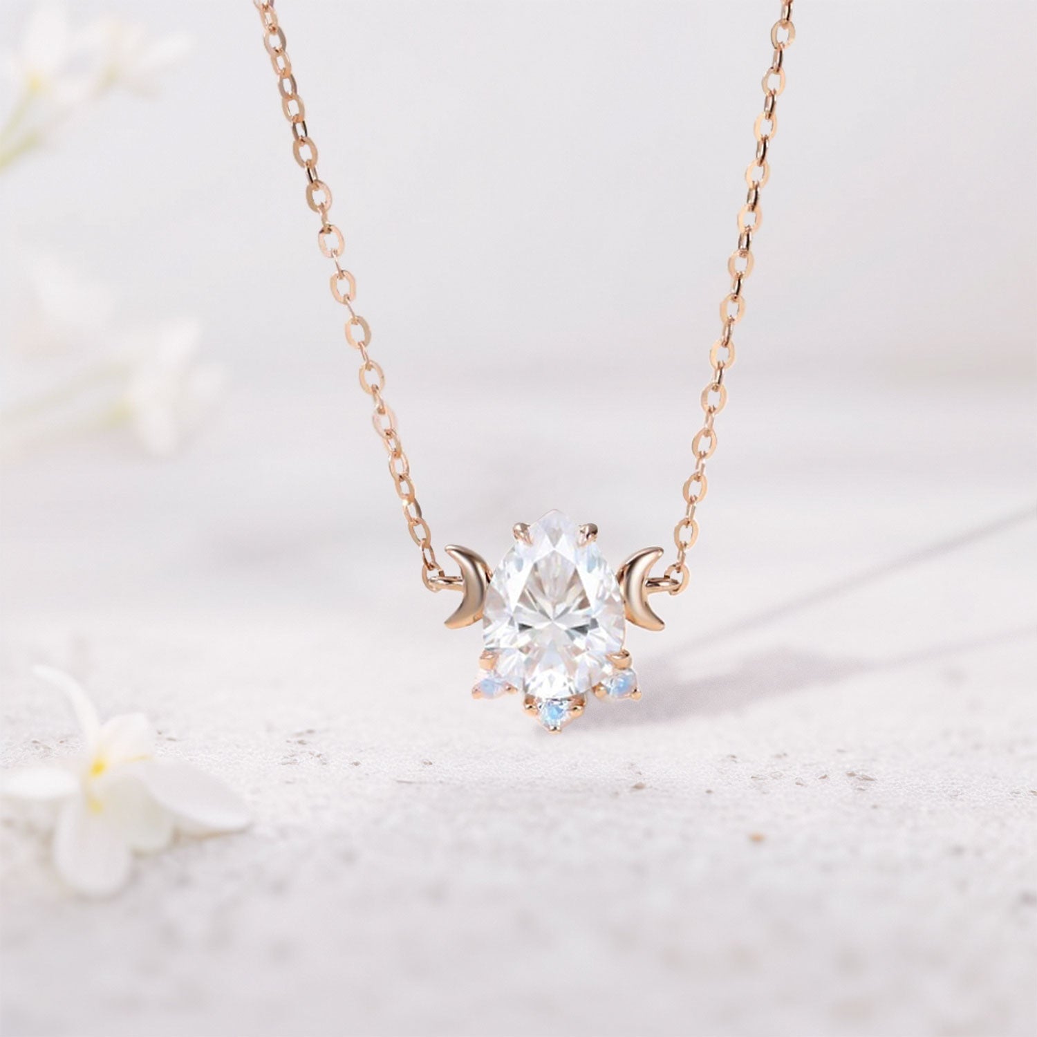 Classic Accented Art Deco Pear Moissanite and Moonstone Pendant Necklace - Oore Jewelry