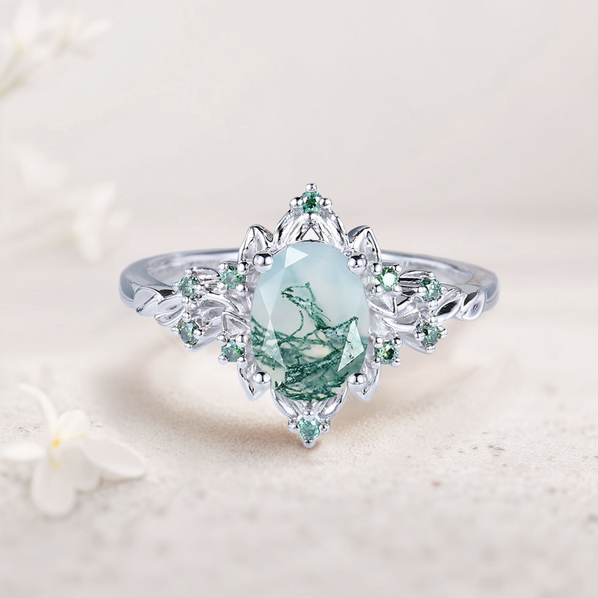 Vintage Briar Rose Oval Moss Agate Engagement Ring Olive Leaves Ring - Oore Jewelry