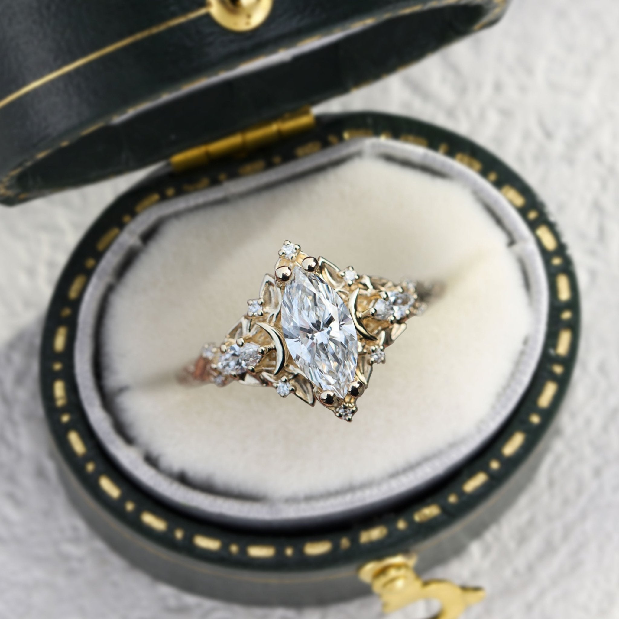 Celestial Marquise Lab Grown Diamond Moon Engagement Ring - Oore Jewelry