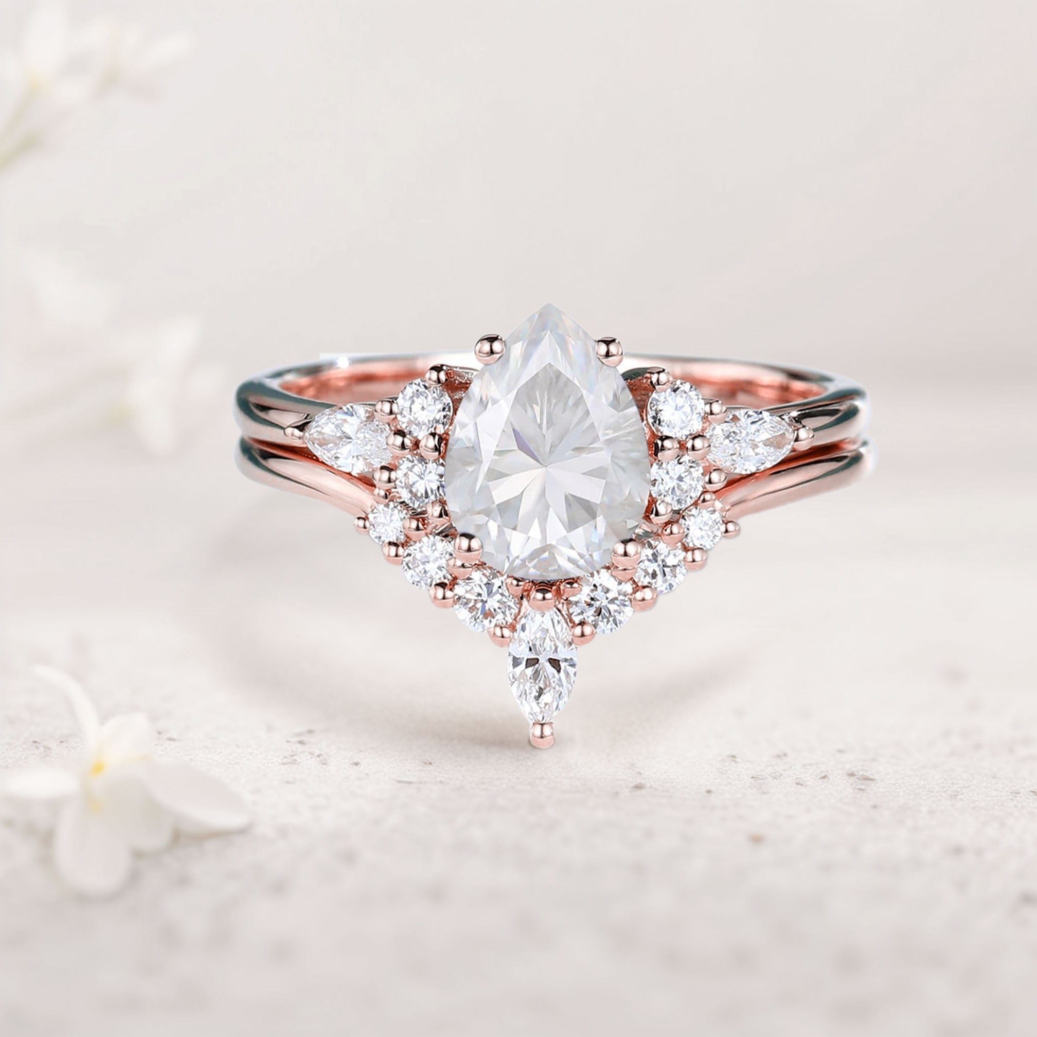 Unique Pear Forever One Moissanite Bridal Ring Set Cluster Engagement Ring - Oore Jewelry