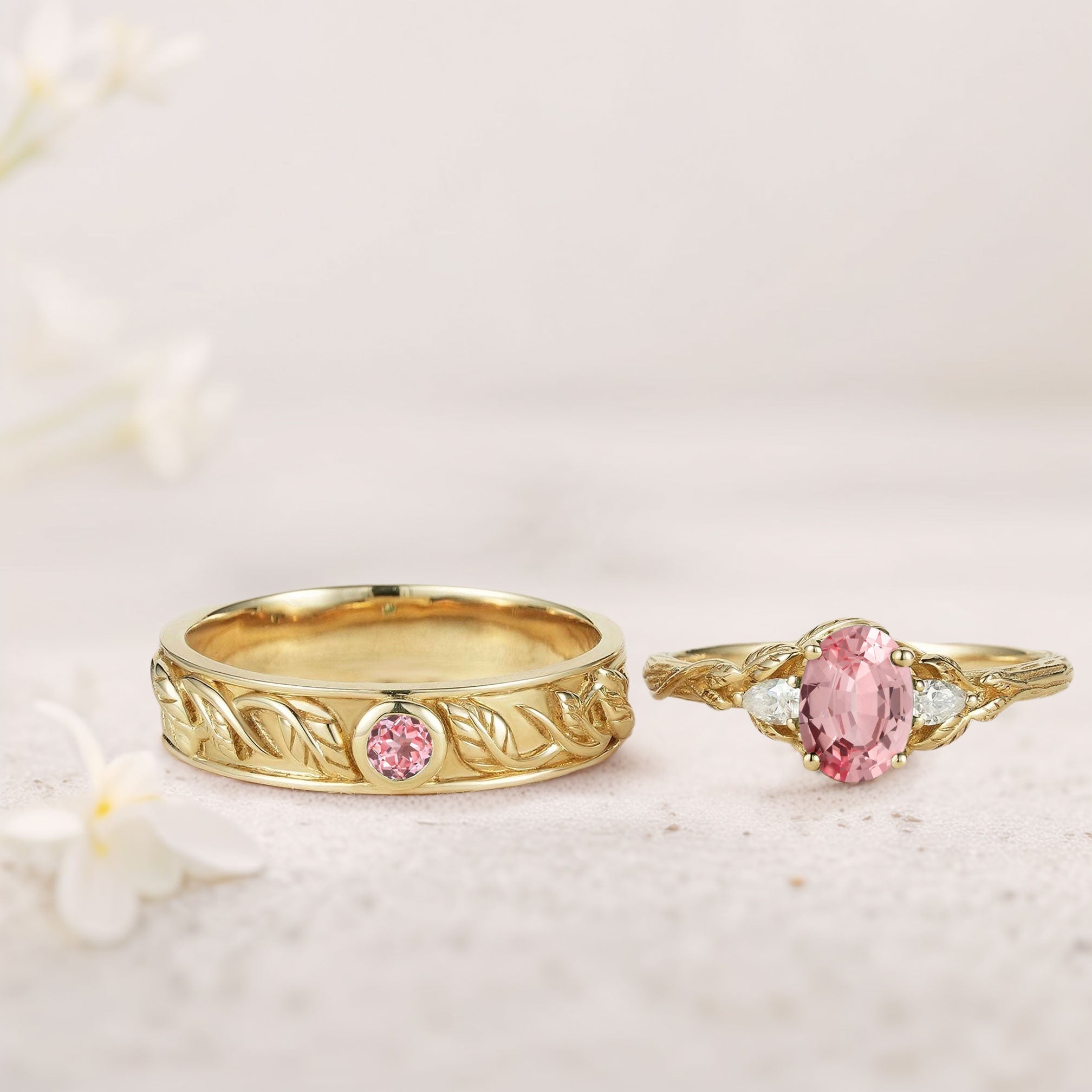 Unique Leaf Design Oval Lab Padparadscha and Moissanite Wedding Ring Promise Ring for Couples - Oore Jewelry