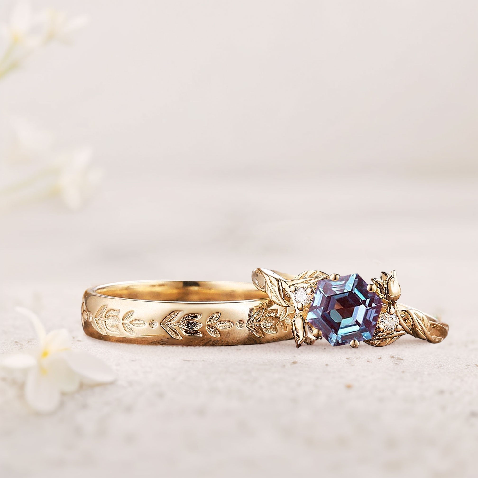 Unique Hexagon Lab Alexandrite Couple Promise Engagement Ring Set - Oore Jewelry