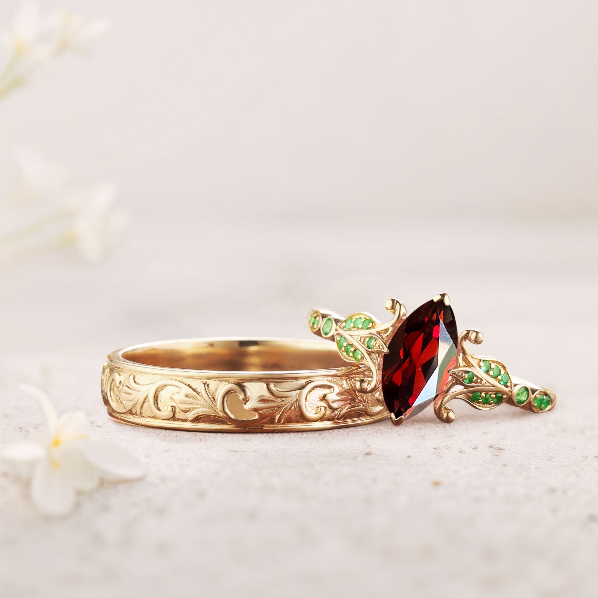 Unique Marquise Garnet Eternity Wedding Band Set Couple Rings Set - Oore Jewelry