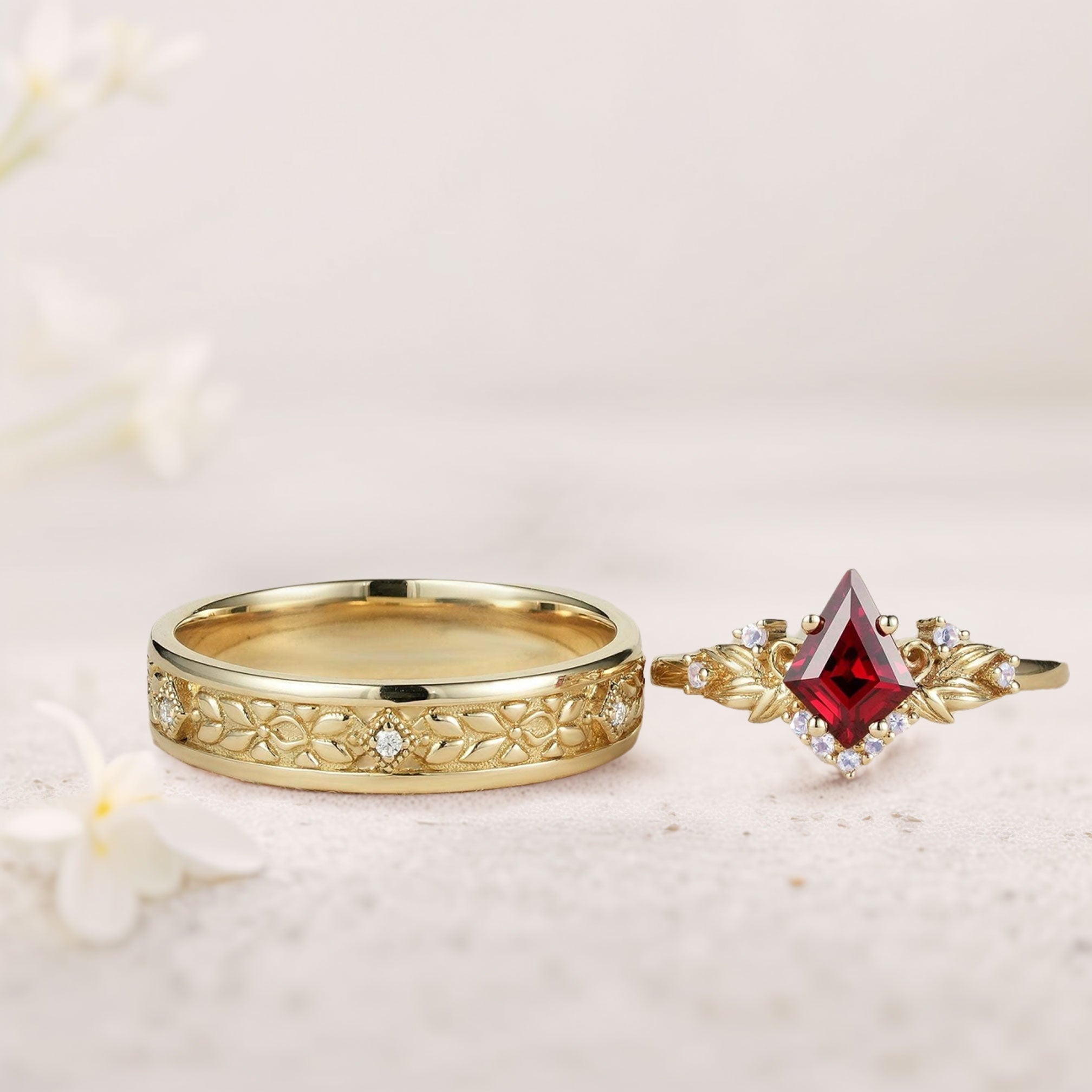 Vintage Kite Lab Ruby Promise Ring Engagement Ring Set for Couples - Oore Jewelry