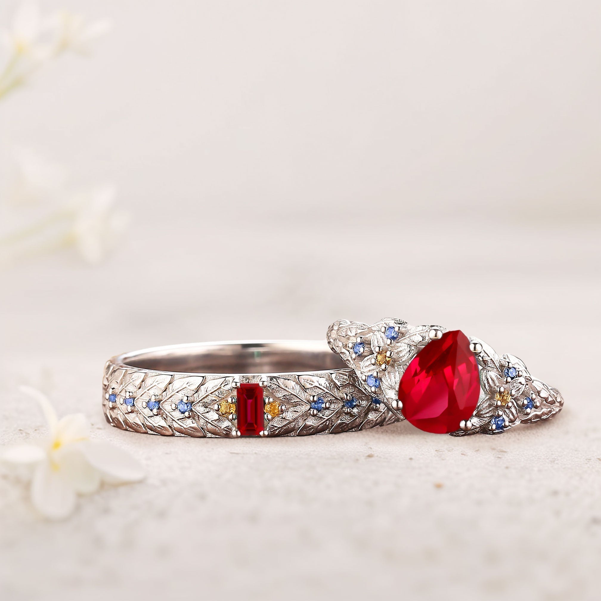 Unique Pear Lab Ruby His and Hers Matching Wedding Ring Set - Oore Jewelry