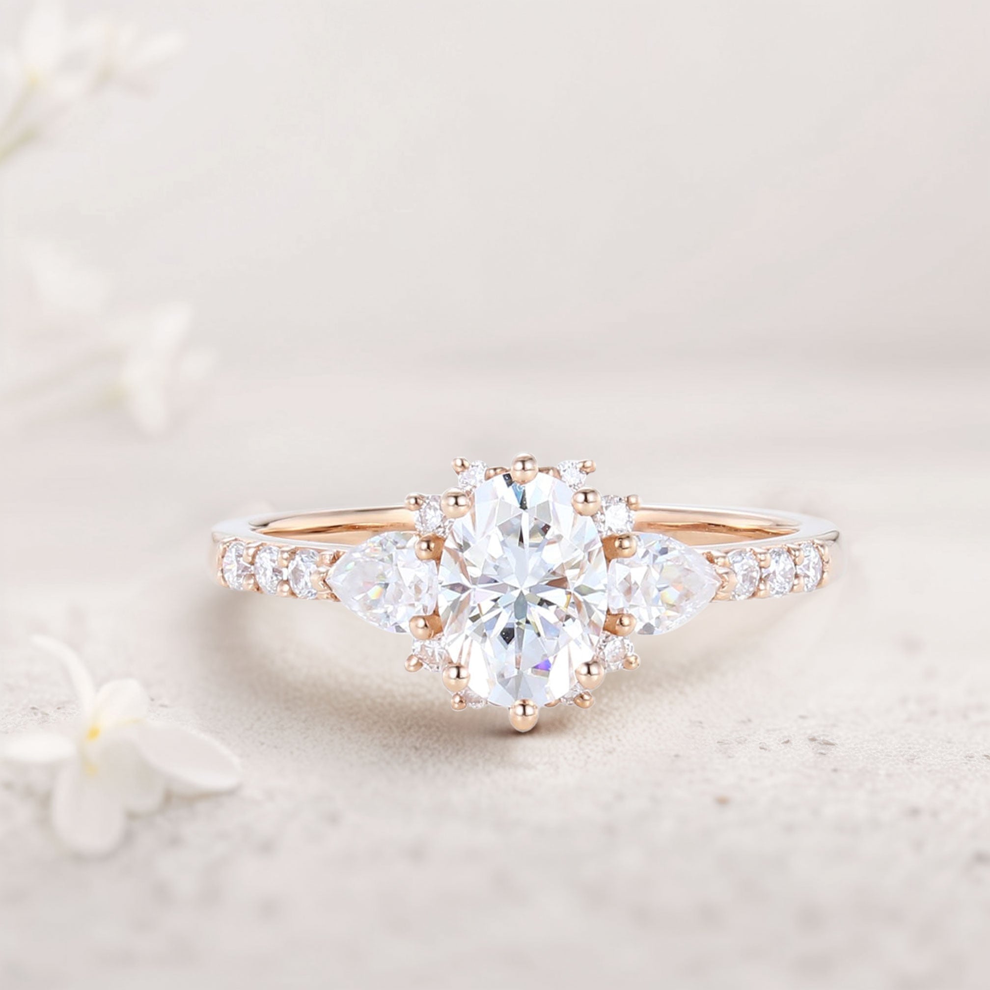 Unique Halo Oval Moissanite Engagement Ring Bridal Ring - Oore Jewelry