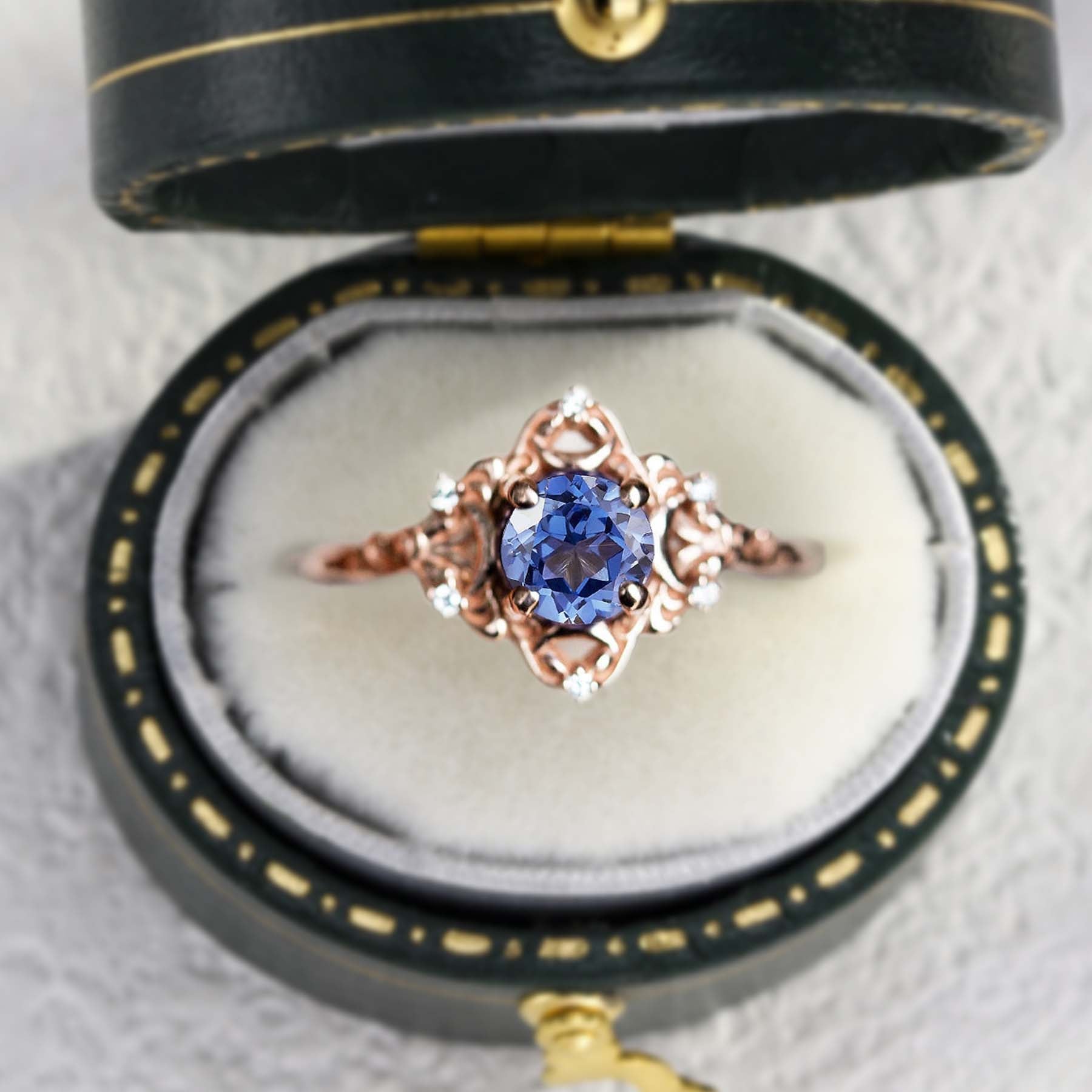 Unique Star Moons Round Lab Sapphire Ring - Oore Jewelry