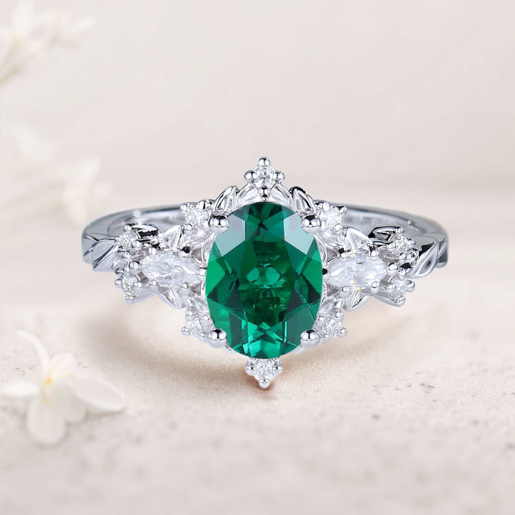 Vintage Briar Rose Oval Lab Emerald Engagement Ring Vine Ring - Oore Jewelry