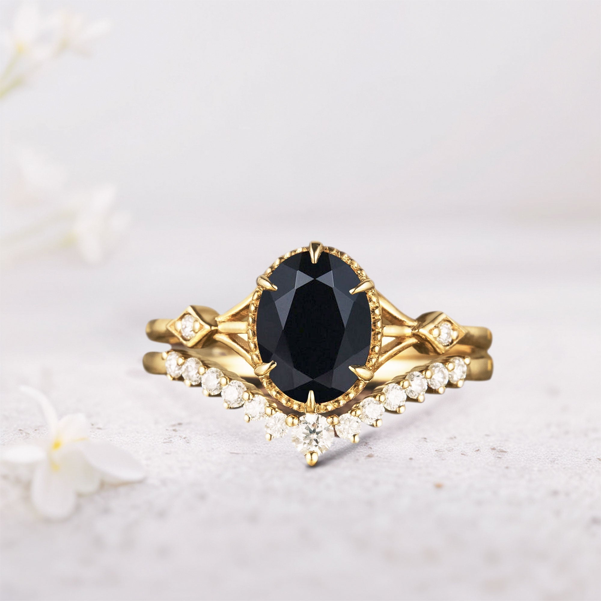 Vintage Oval Black Onyx and Moissanite Bridal Set - Oore Jewelry