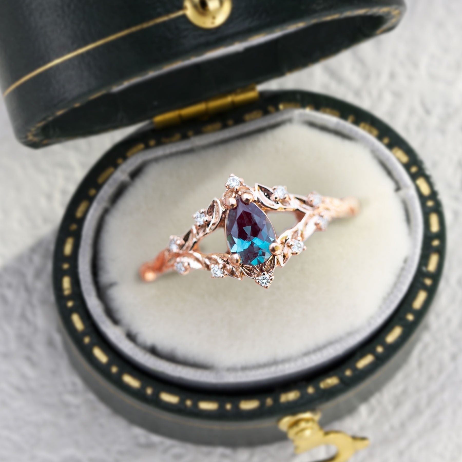 Unique Briar Rose Pear Lab Alexandrite Ring - Oore Jewelry