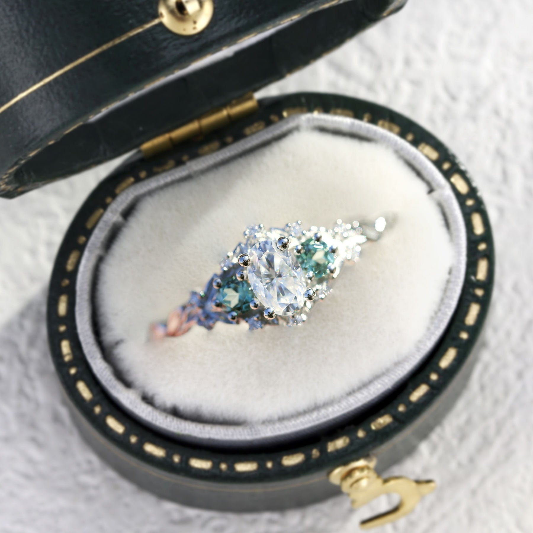 Unique Briar Rose Oval Moissanite and Light Green Lab Sapphire Ring - Oore Jewelry
