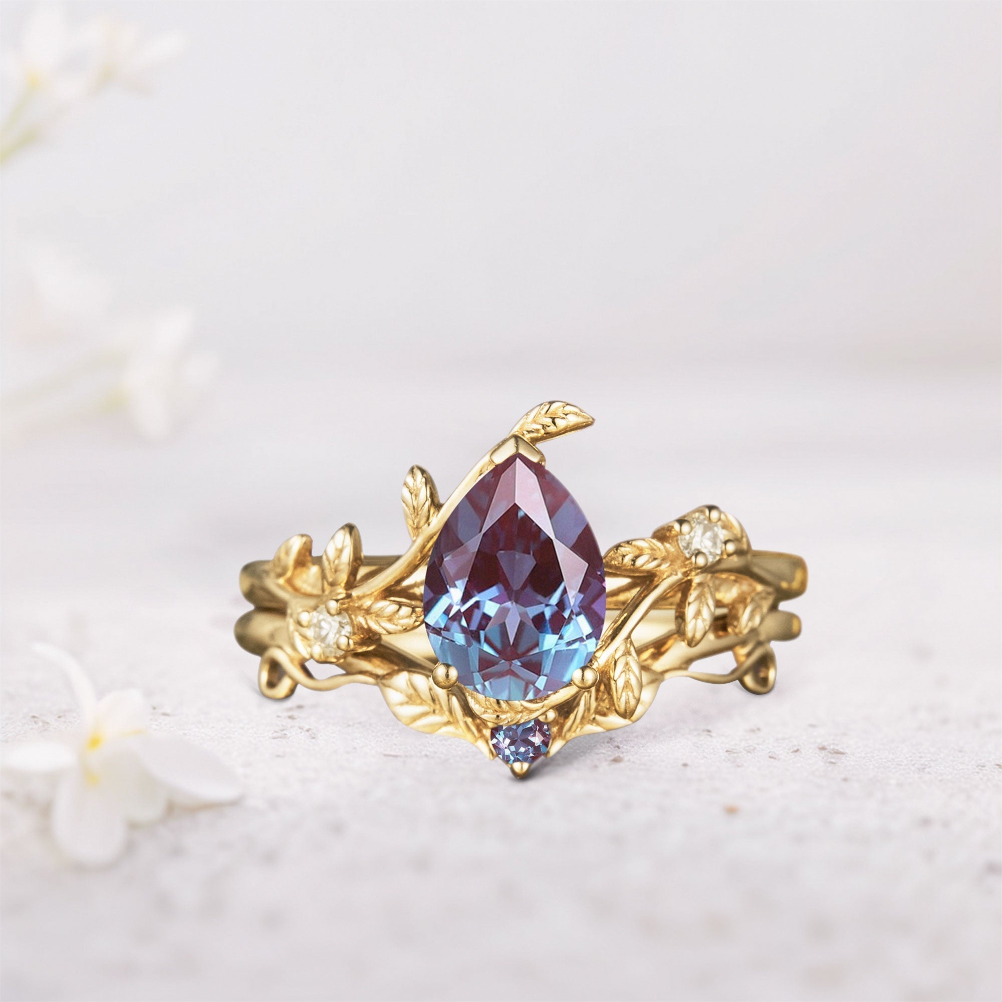 Unique Pear Lab Alexandrite Wedding Ring Set with Leaf Band - Oore Jewelry