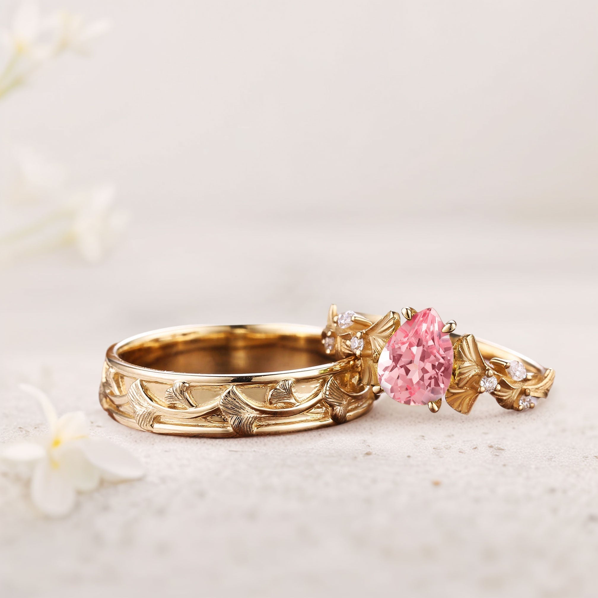 Vintage Pear Lab Padparadscha Engagement Couples Ring Set For Wedding Gift - Oore Jewelry