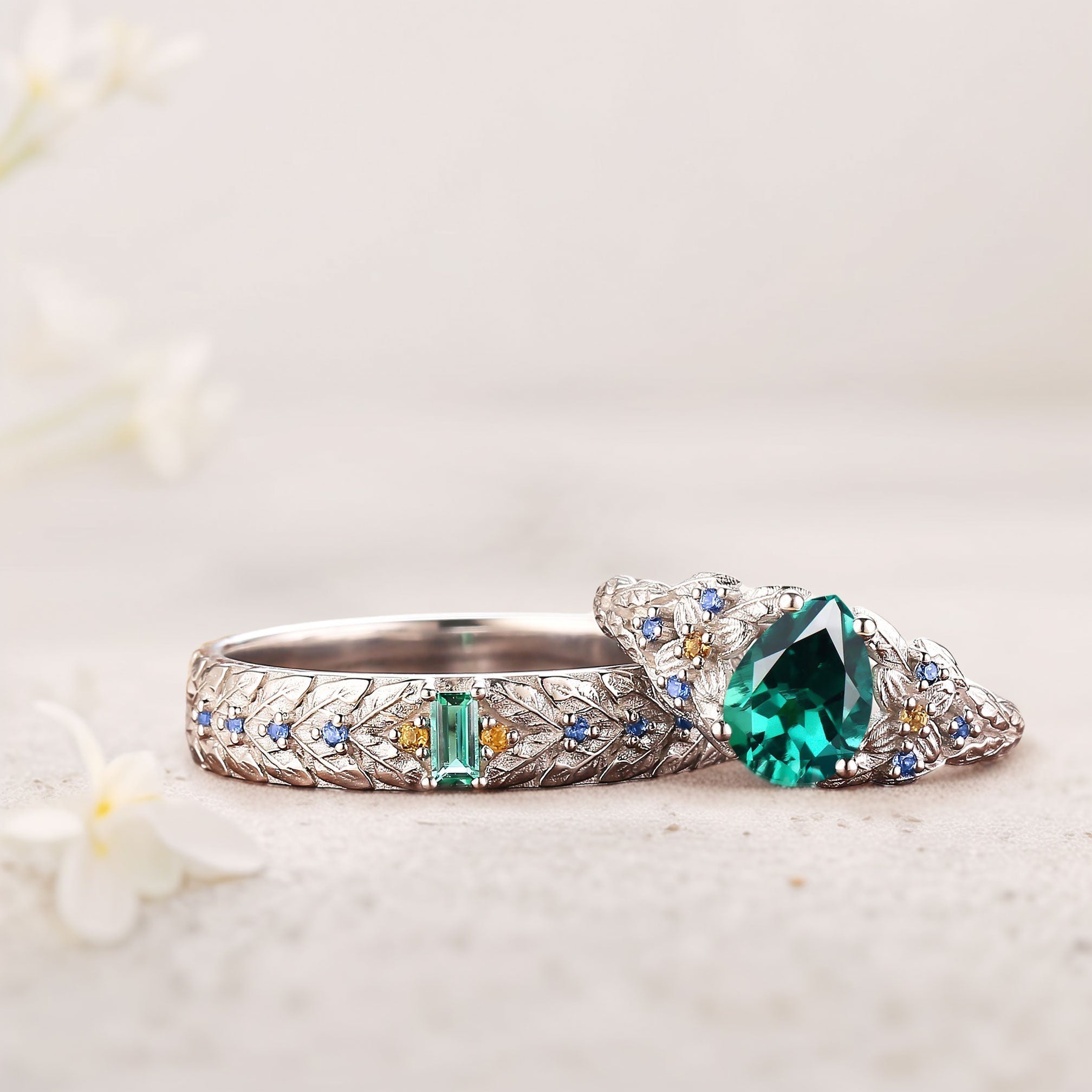 Unique Pear Lab Emerald His and Hers Matching Wedding Ring Set - Oore Jewelry